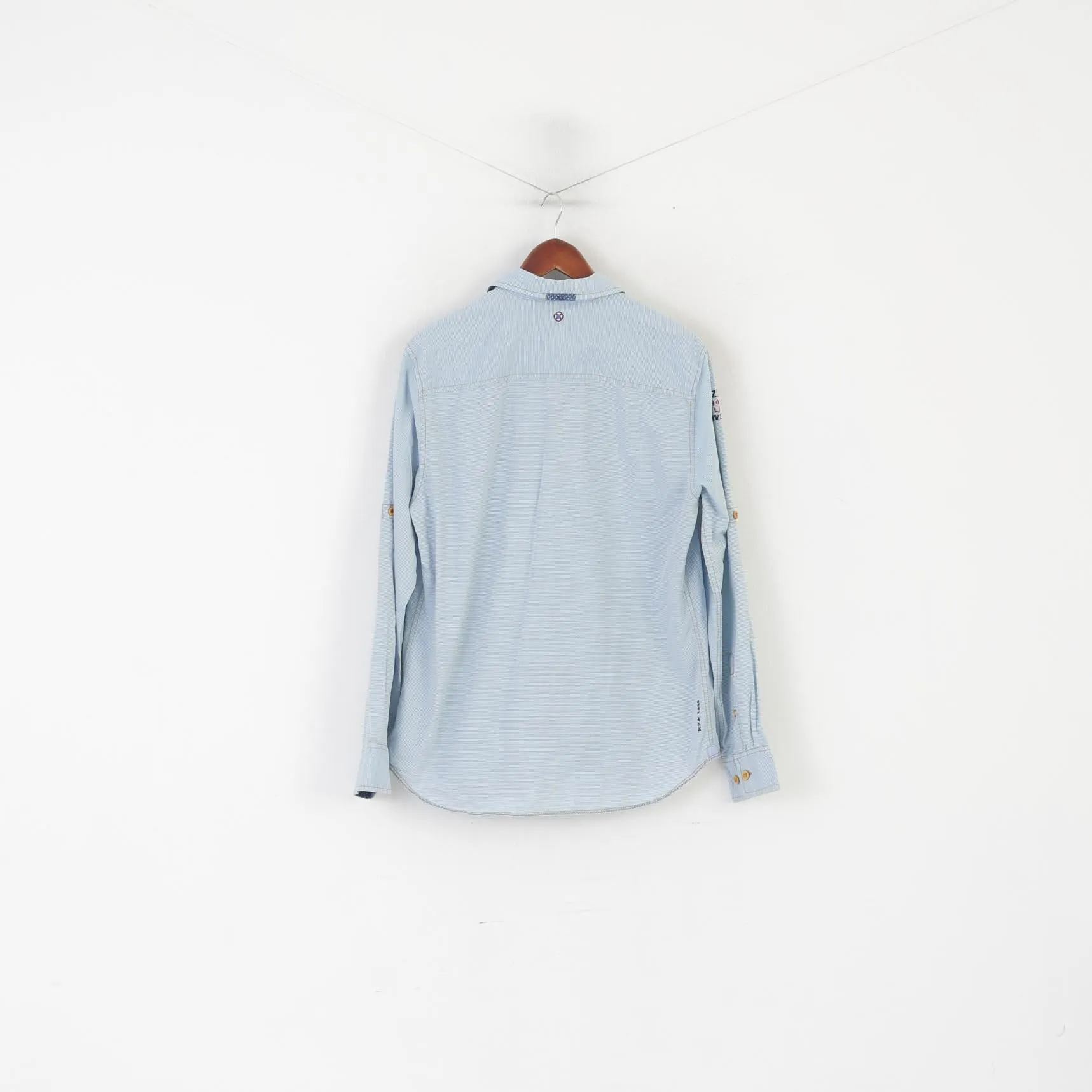 New Zealand Auckland Men L Casual Shirt Blue Cotton Striped Long Sleeve Top