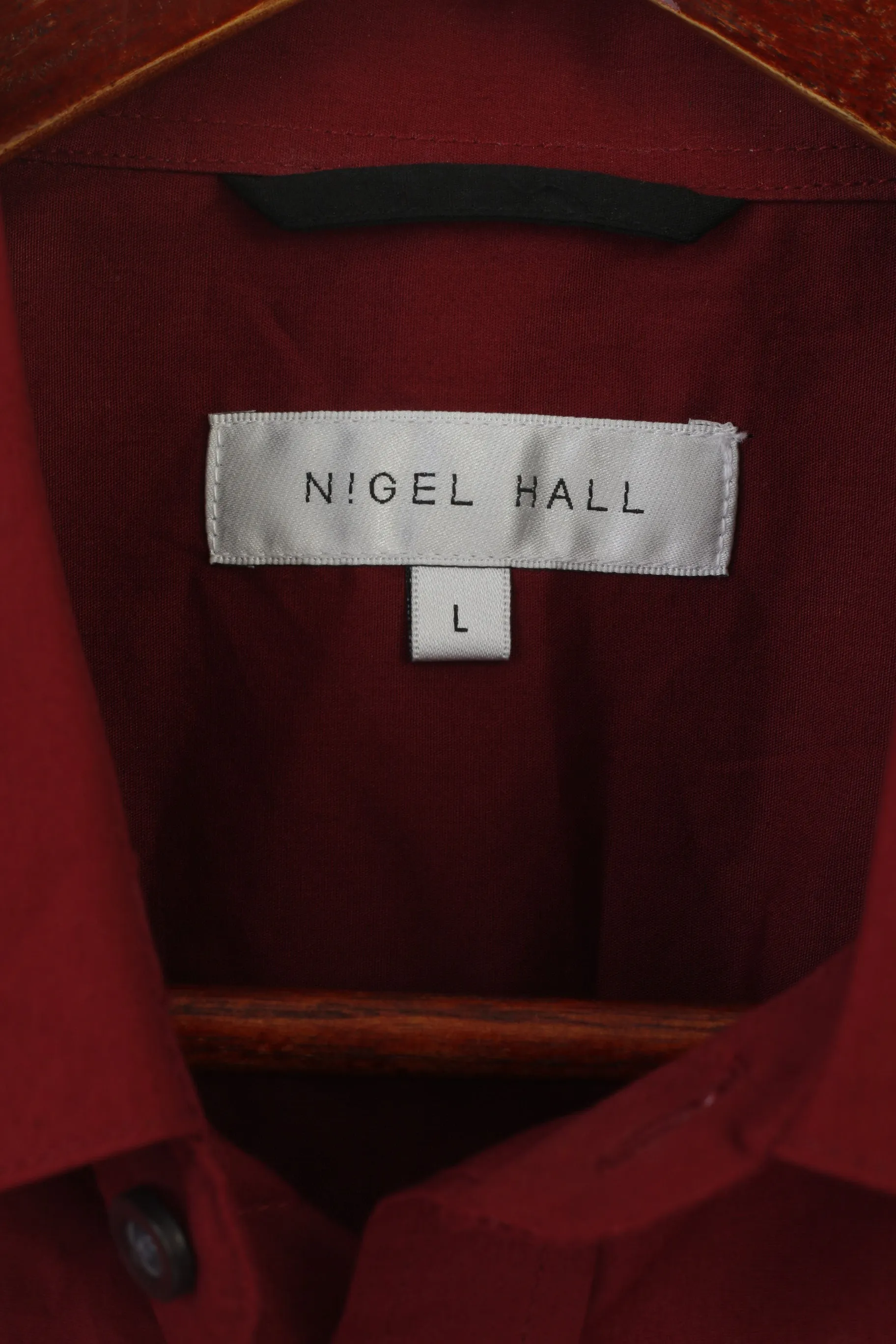 Nigel Hall Men L Casual Shirt Burgundy Cotton Long Sleeve Plain Slim Fit Top