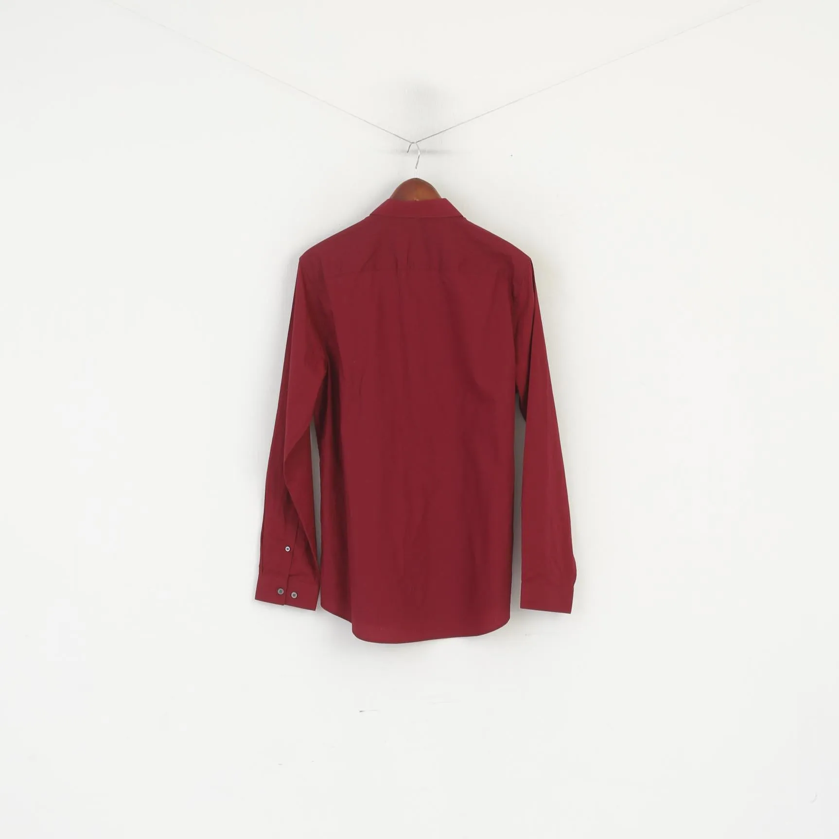 Nigel Hall Men L Casual Shirt Burgundy Cotton Long Sleeve Plain Slim Fit Top