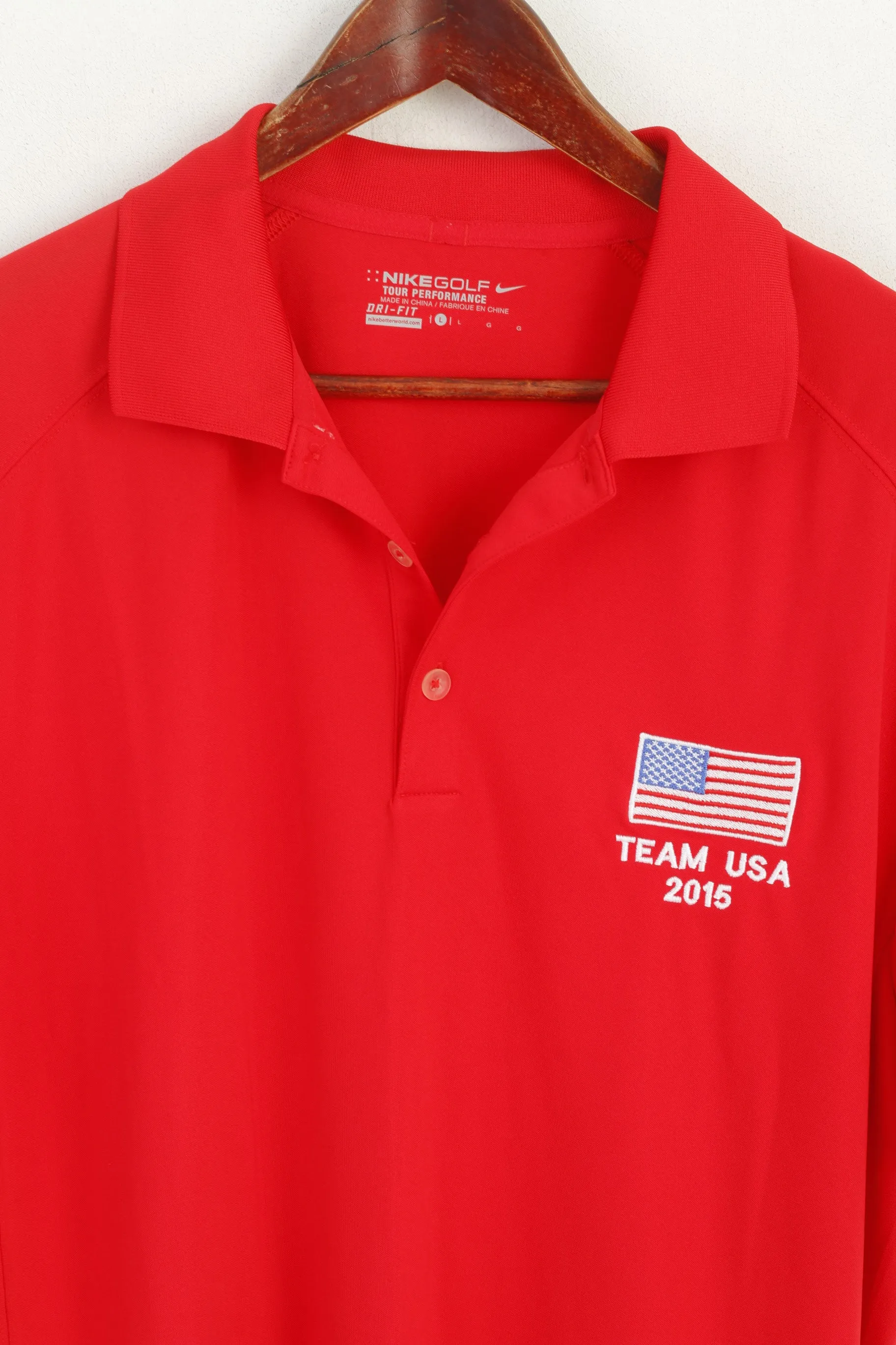 Nike Golf Men L Polo Shirt Red Dri-Fit Team USA 2015 Performance Jersey Top