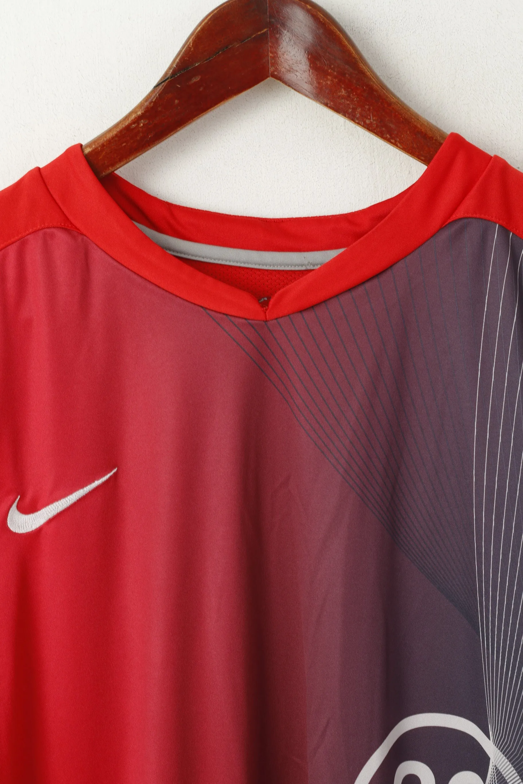 Nike Men L Shirt Red Football Activewear 90 Vintage Sport Training Jersey Top