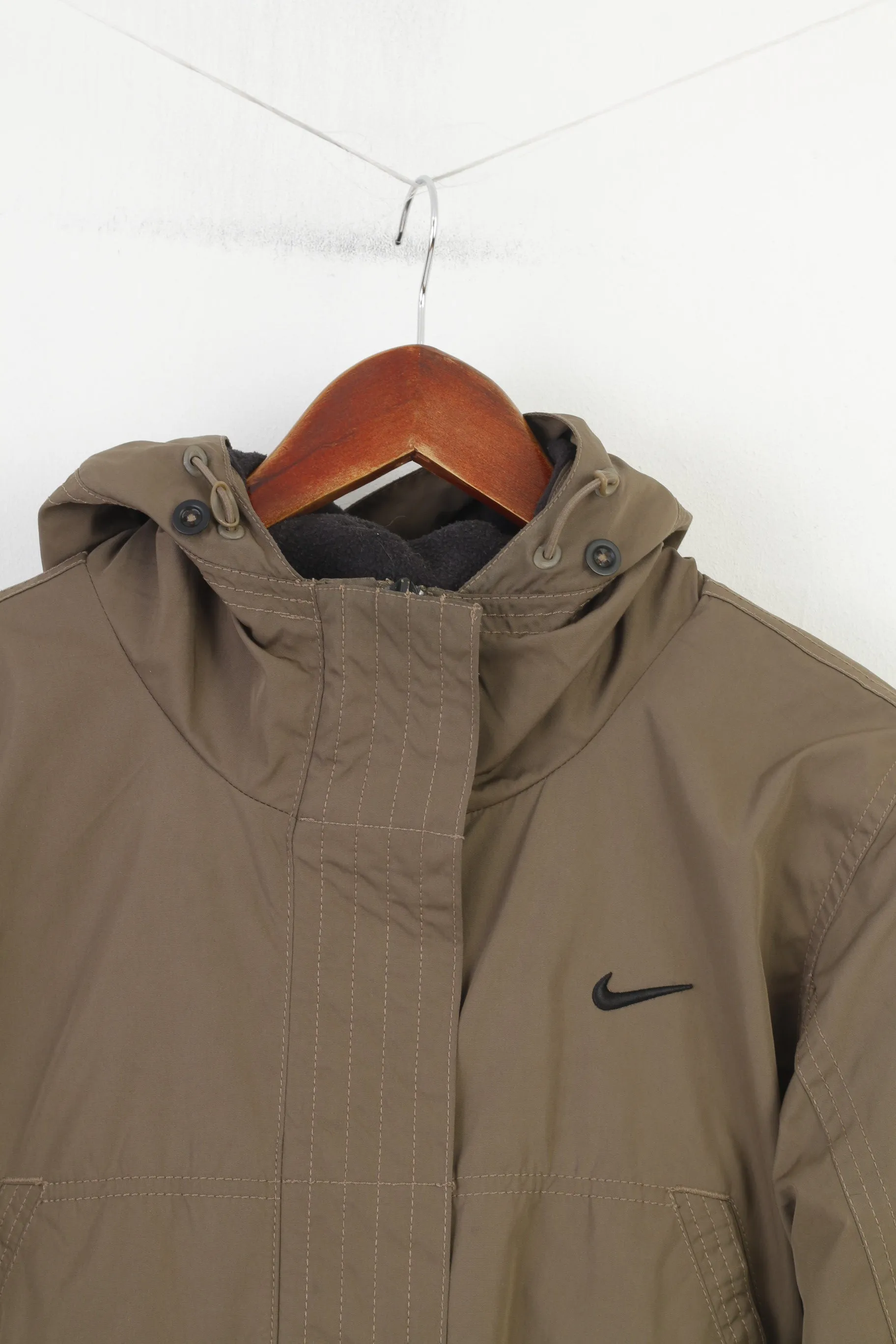 Nike Woman L Jacket Khaki Ful Zipper Hood Padded Pockets Vintage Top