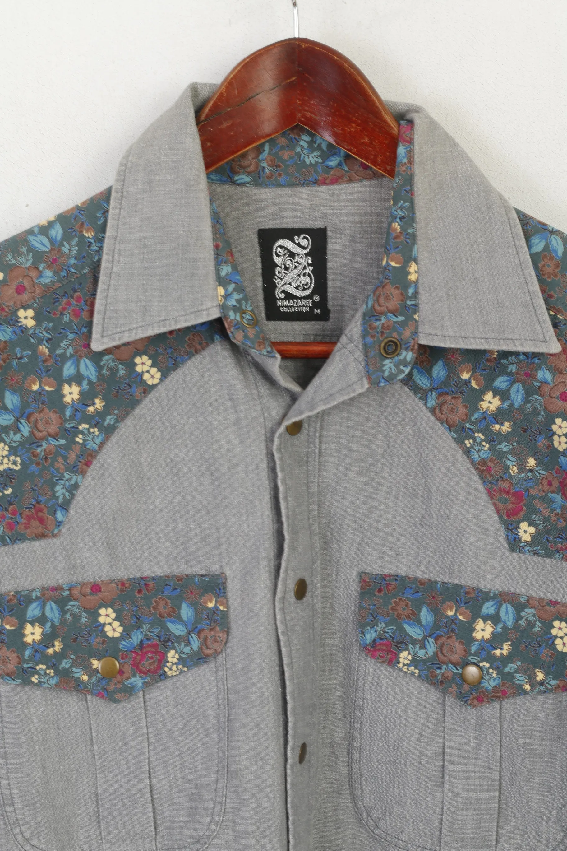 Nima Zaree Collection Men M Casual Shirt Grey Cotton Floral Boho Long Sleeve Top