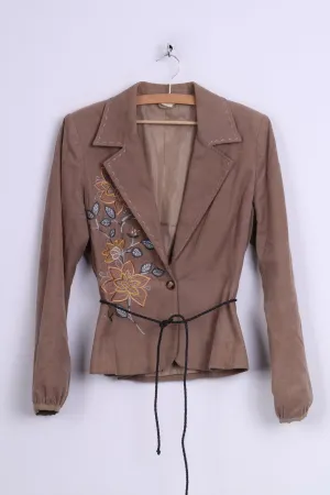 O By Isabell Kristensen Women L (M) Blazer Beige Corduroy Embroidered Flowers Top