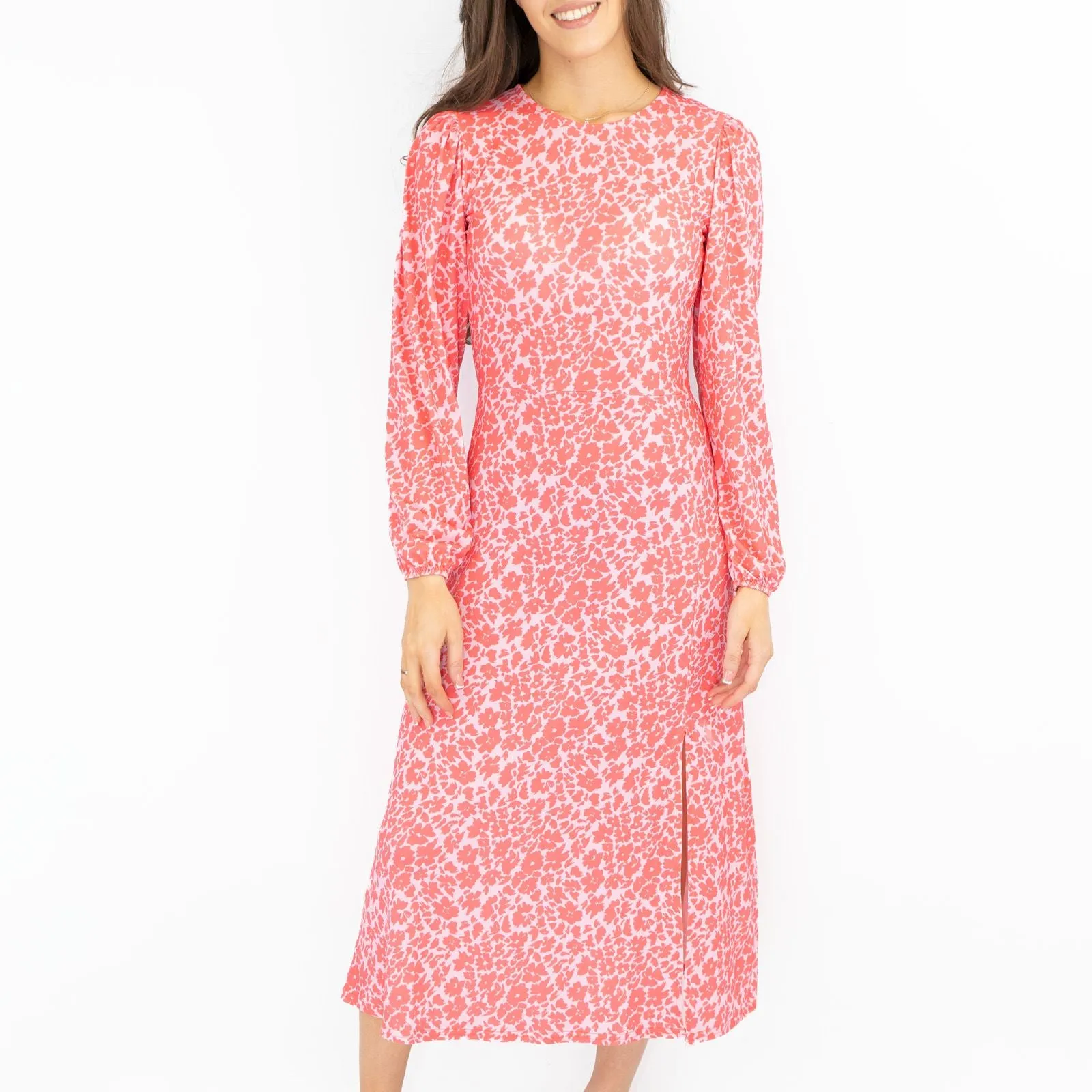 Oasis Pink Long Sleeve Floral Print Slit Summer Long Midi Dresses