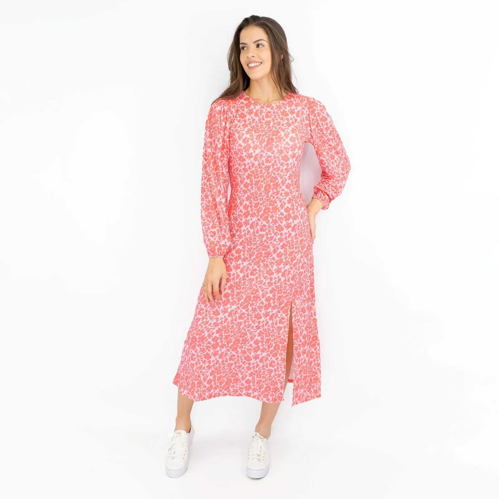 Oasis Pink Long Sleeve Floral Print Slit Summer Long Midi Dresses