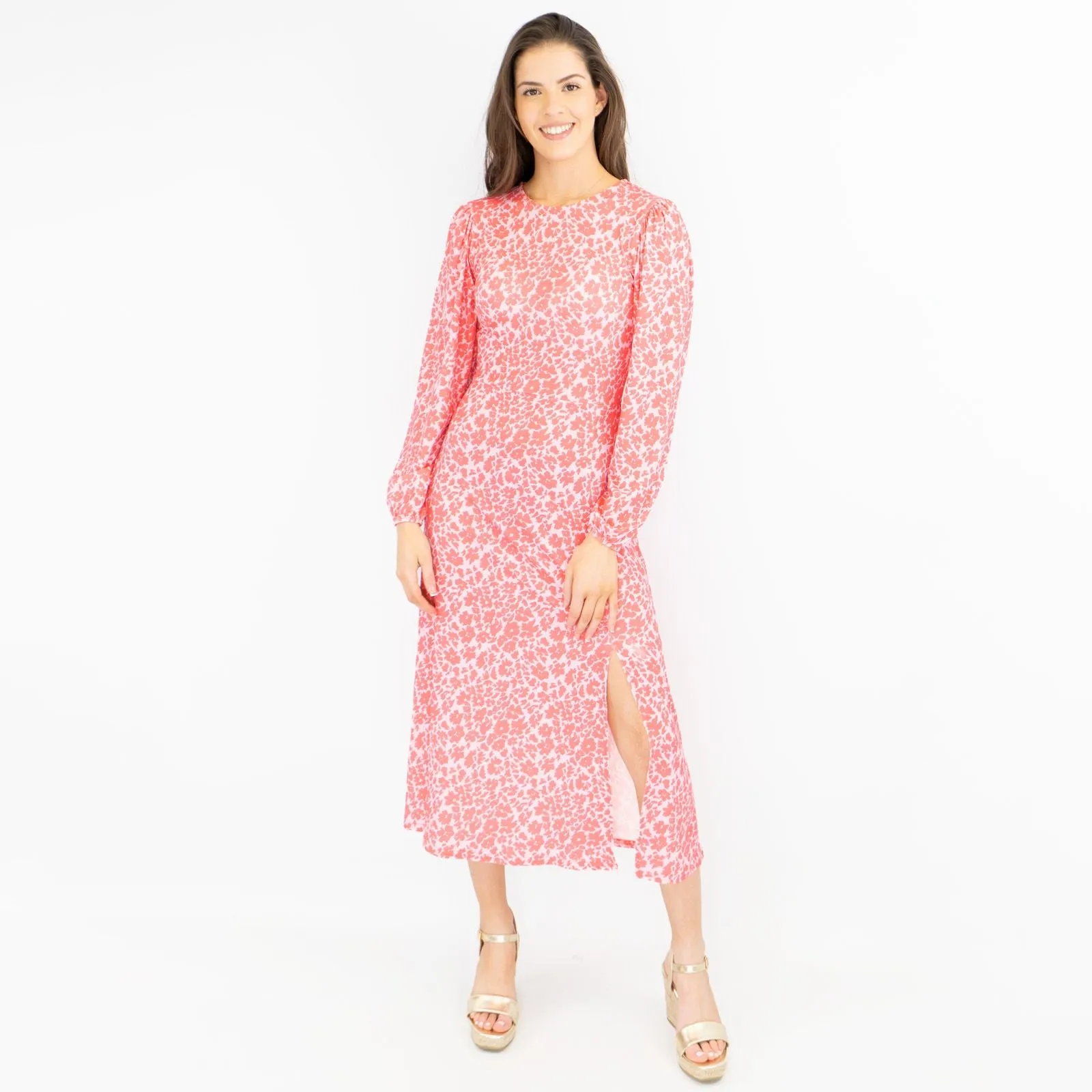 Oasis Pink Long Sleeve Floral Print Slit Summer Long Midi Dresses