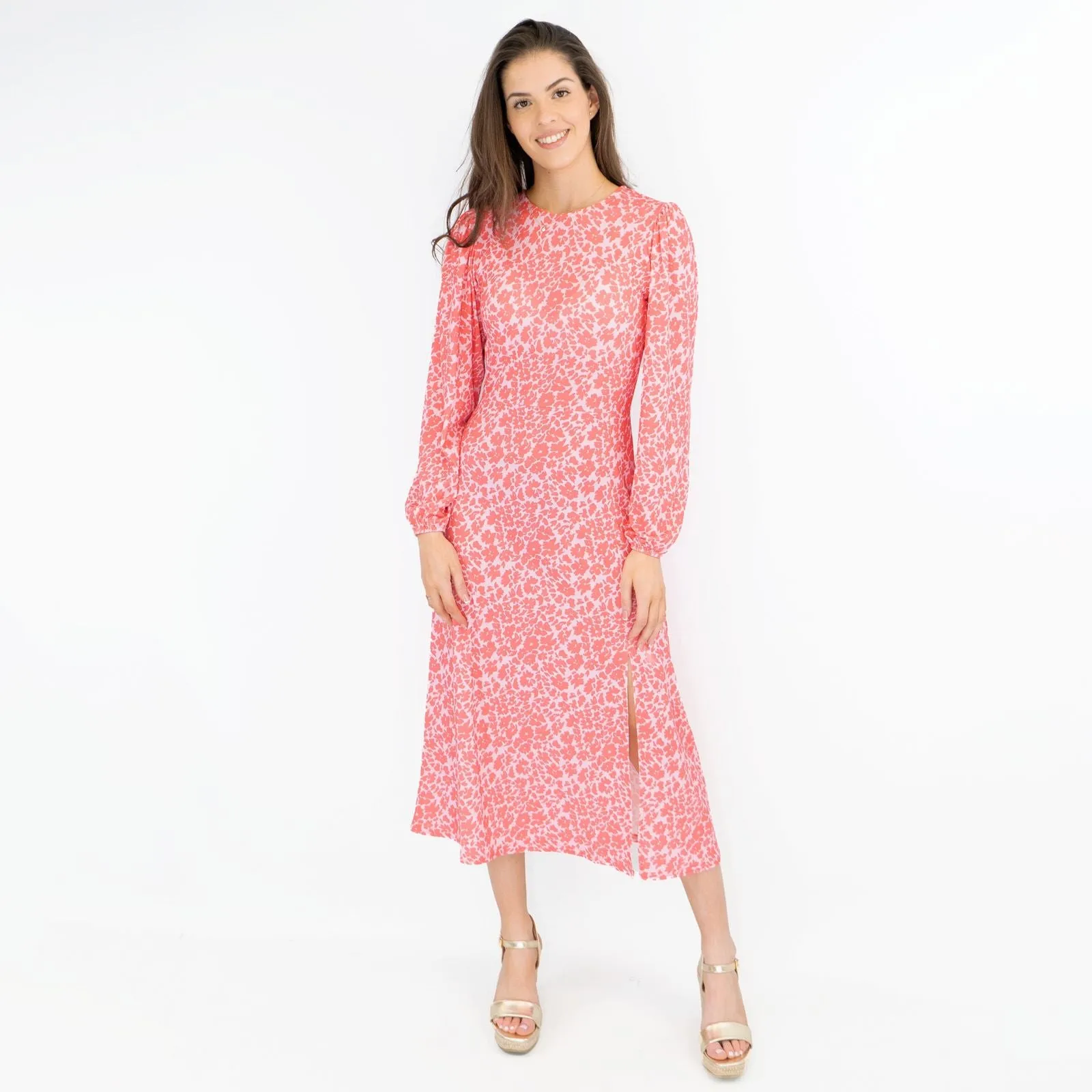 Oasis Pink Long Sleeve Floral Print Slit Summer Long Midi Dresses