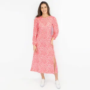 Oasis Pink Long Sleeve Floral Print Slit Summer Long Midi Dresses