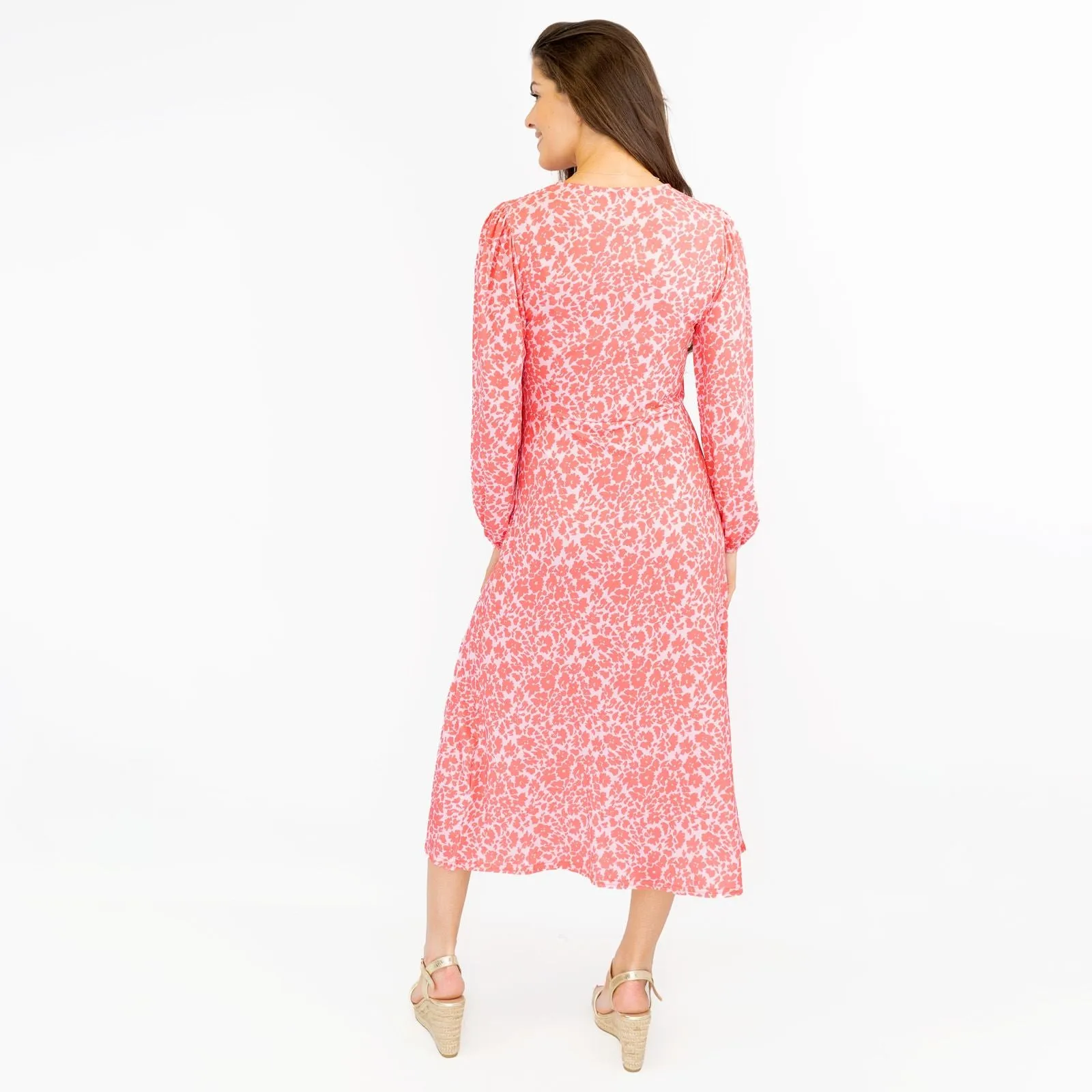 Oasis Pink Long Sleeve Floral Print Slit Summer Long Midi Dresses