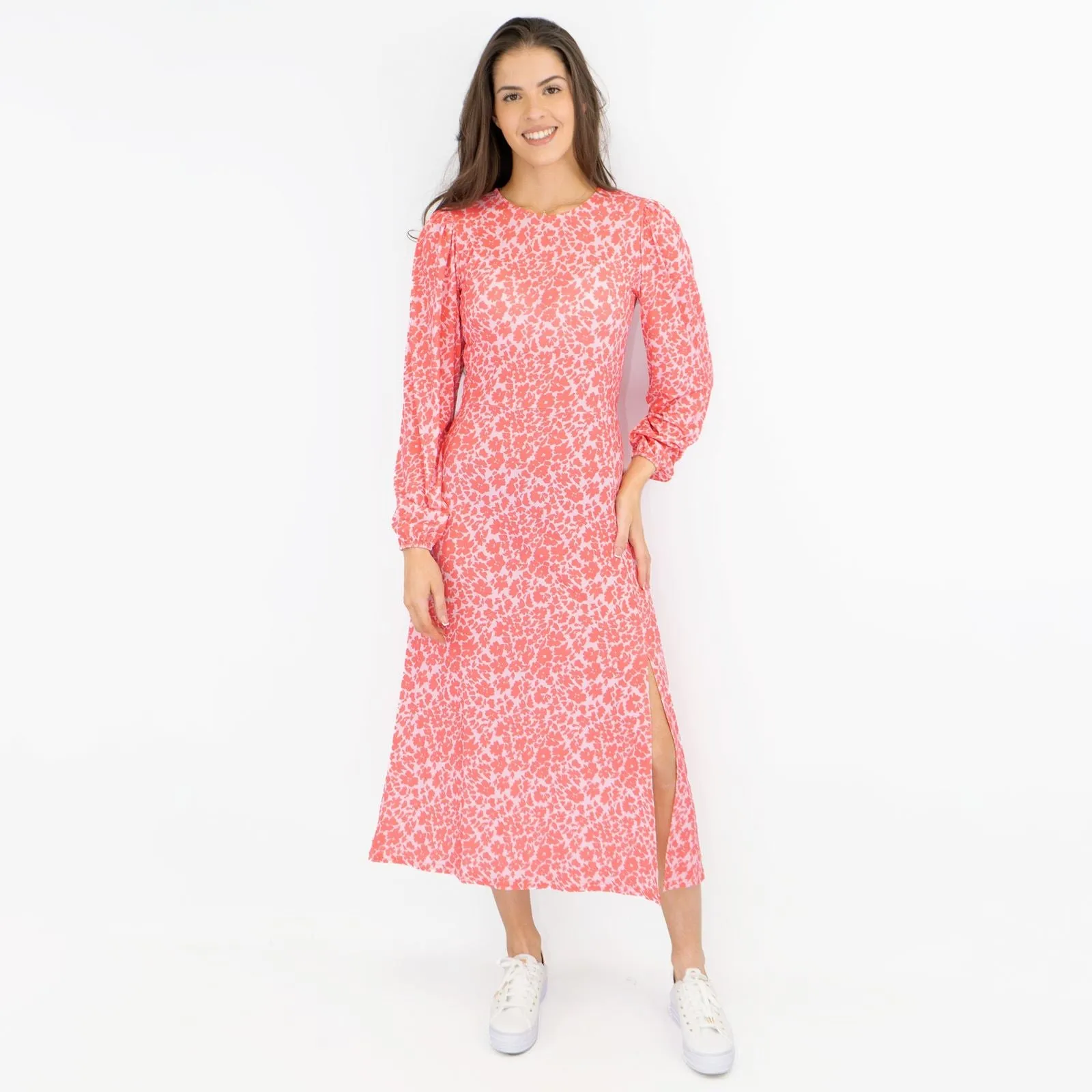 Oasis Pink Long Sleeve Floral Print Slit Summer Long Midi Dresses