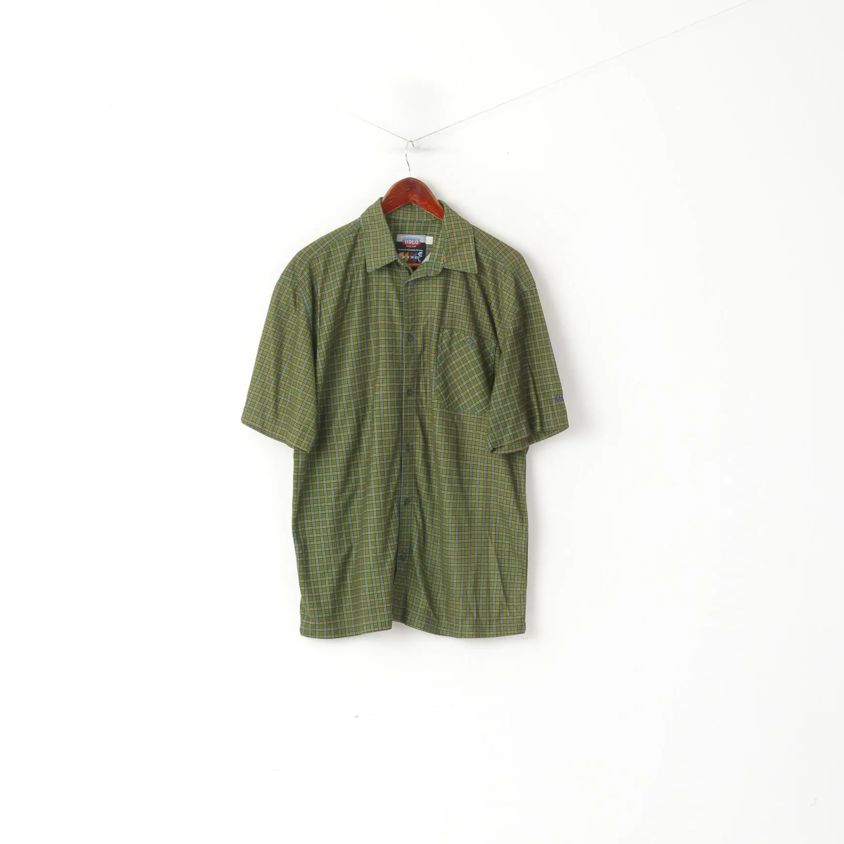 Odlo Men XL Casual Shirt Green Checkered Outdoor Sportswear Tourist Short Sleeve Top