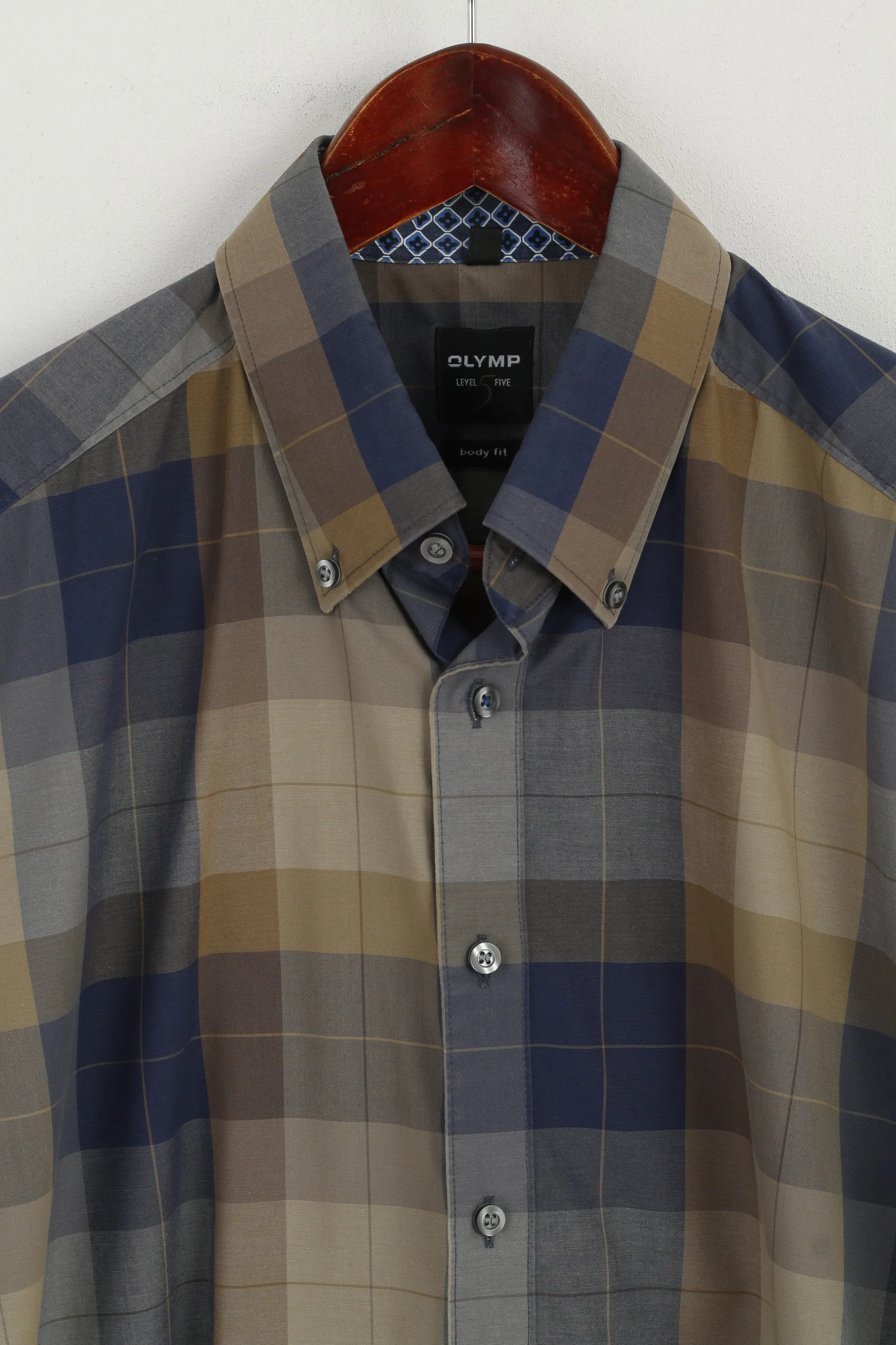 Olymp Level Five Men 16" 41 L  Casual Shirt Brown Check Body Fit Long Sleeve Top
