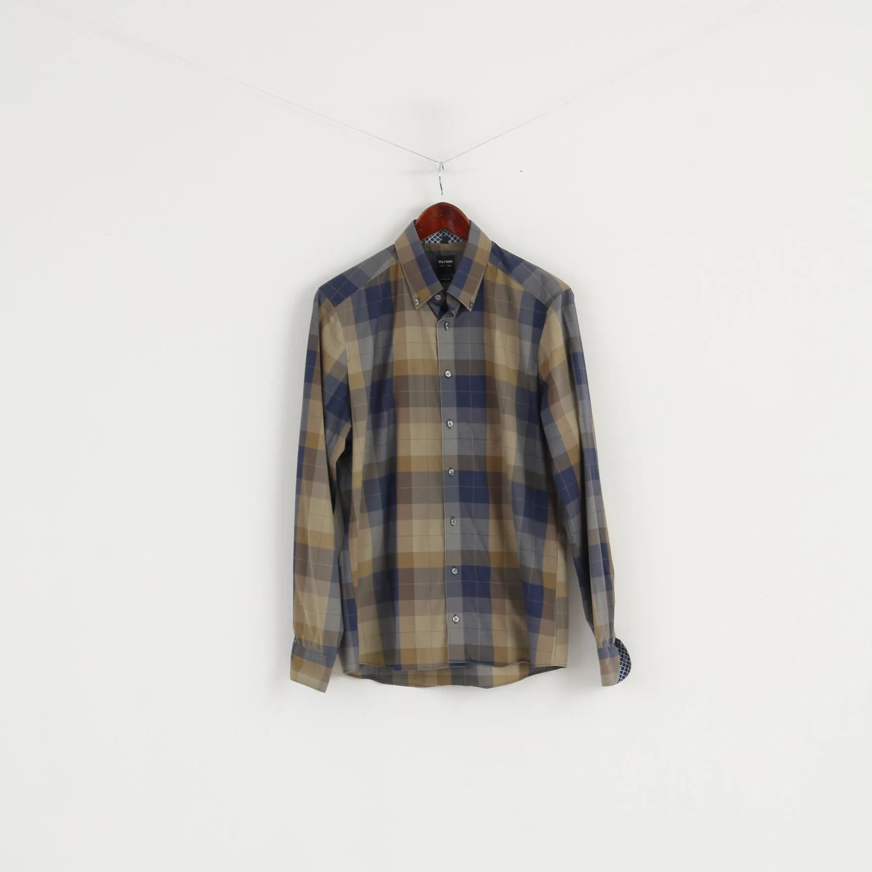 Olymp Level Five Men 16" 41 L  Casual Shirt Brown Check Body Fit Long Sleeve Top