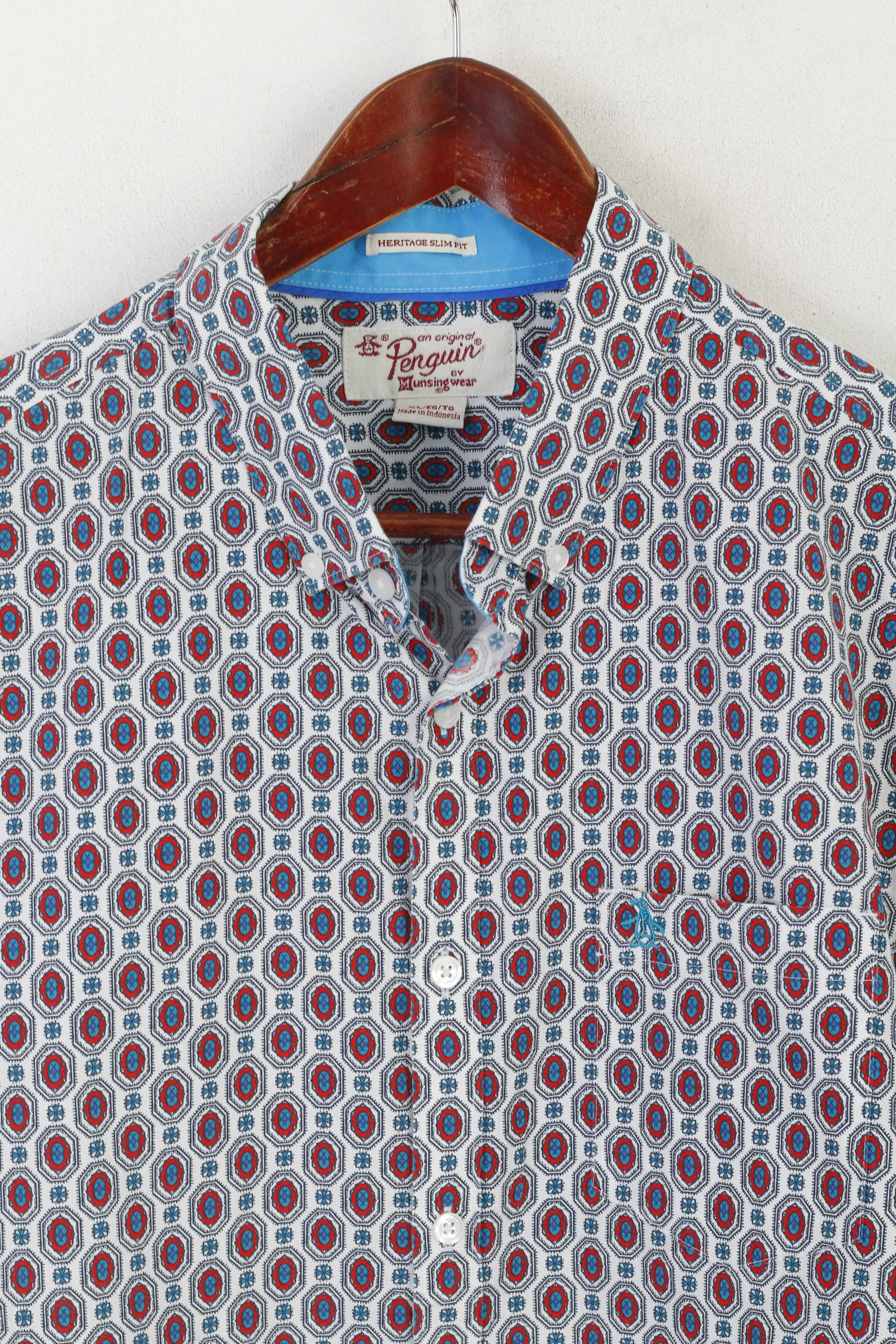 Original Penguin Men XL Casual Shirt White Printed Cotton Short Sleeve Pocket Top