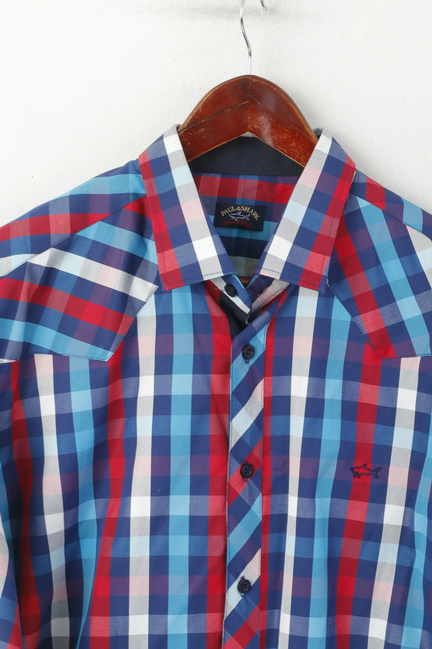 Paul and Shark Yachting Men XXL Casual Shirt Blue Checkered Cotton Long Sleeve Top