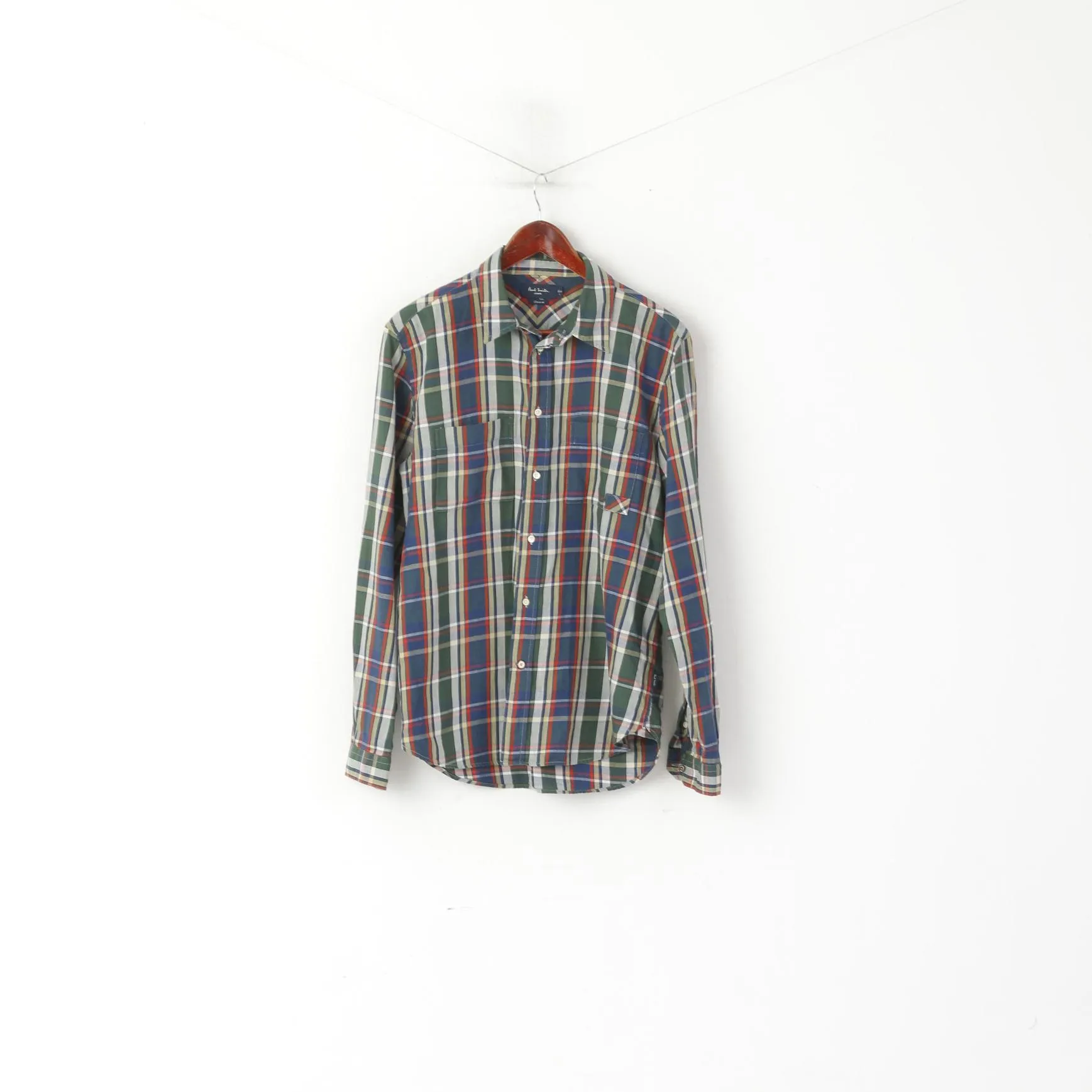 Paul Smith Jeans Men L Casual Shirt Green Check Cotton Classic Fit Long Sleeve Top
