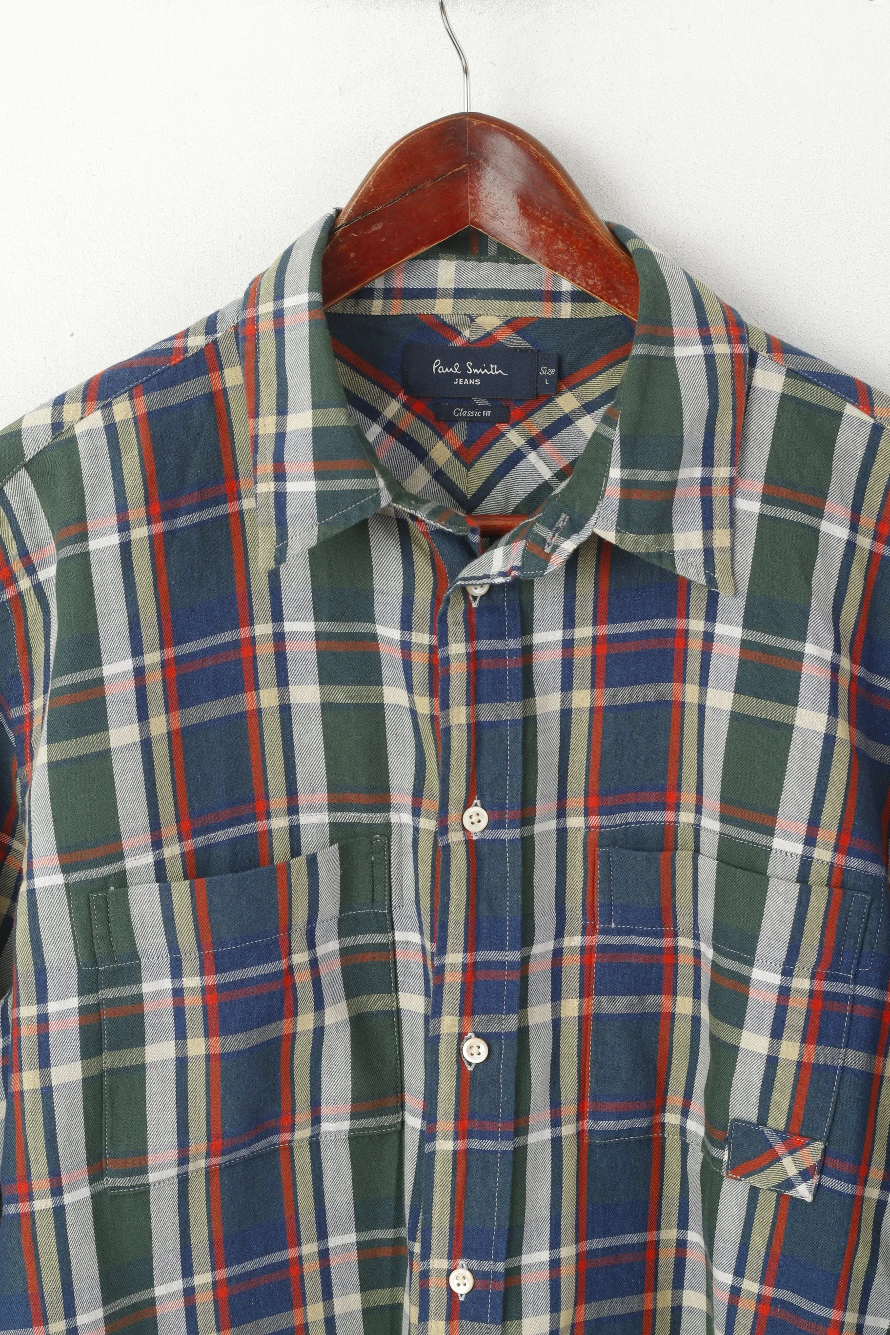 Paul Smith Jeans Men L Casual Shirt Green Check Cotton Classic Fit Long Sleeve Top