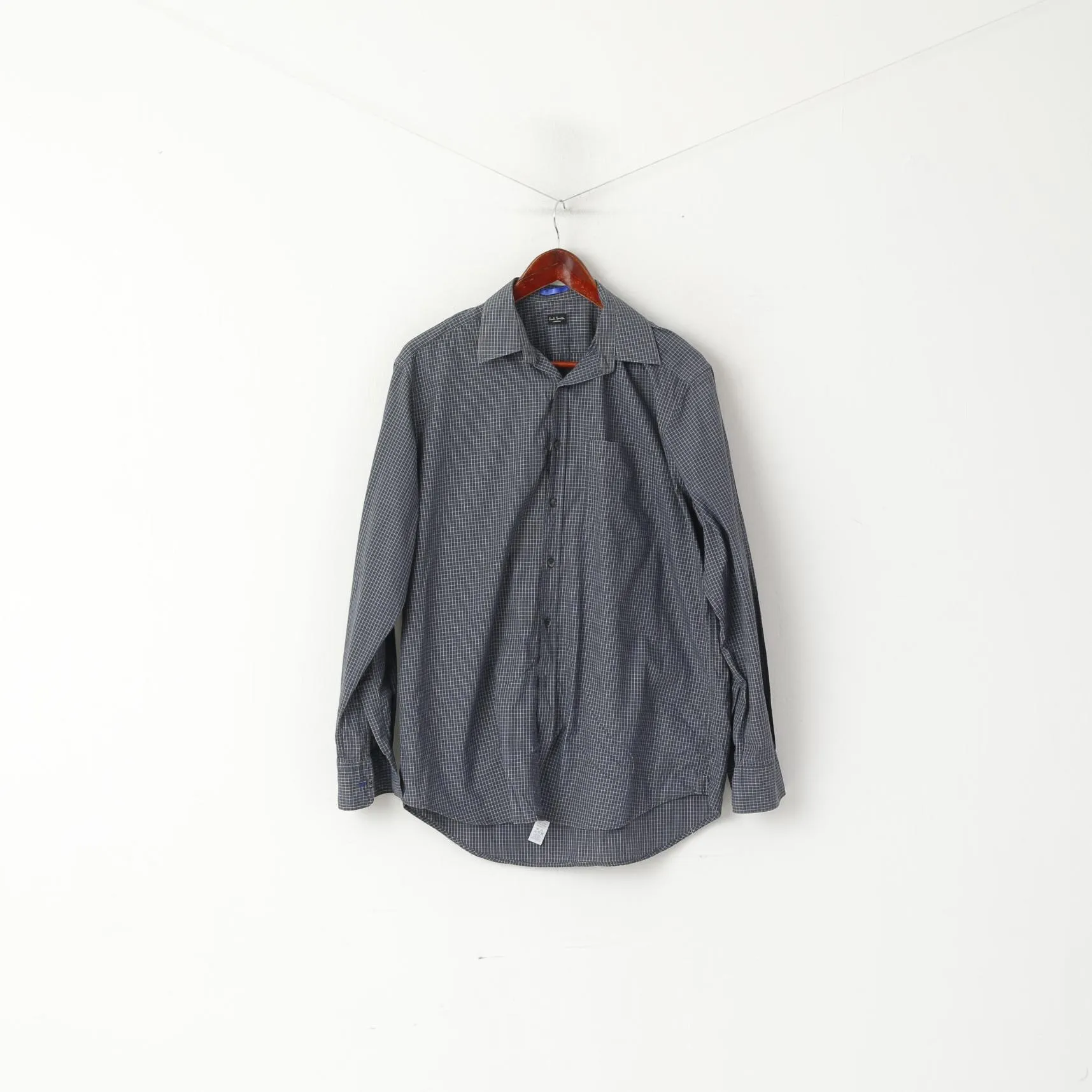 Paul Smith Men 15.5 39 M Casual Shirt Navy Cotton Check Long Sleeve Top