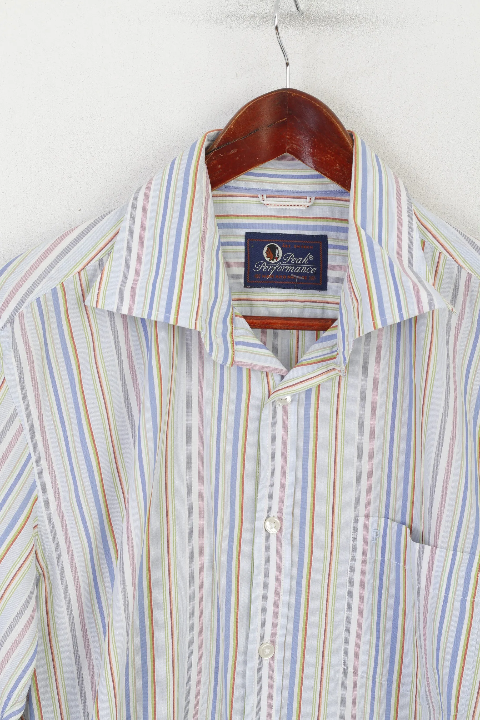 Peak Performance Men L Casual Shirt Blue Cotton Striped Kings Long Sleeve Top