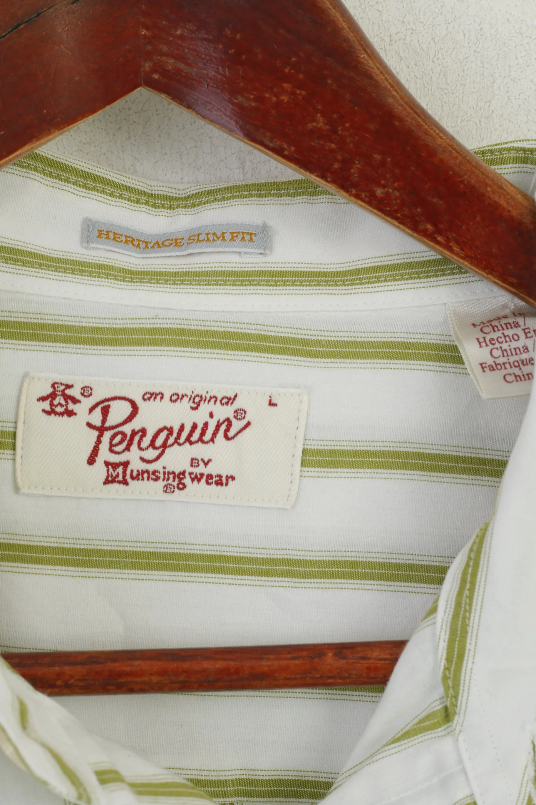 Penguin Men L  (M) Casual Shirt Cream Green Striped Heritage Slim Fit Summer Top