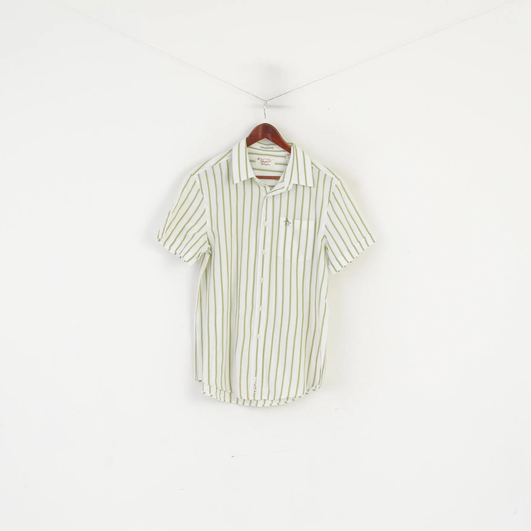 Penguin Men L  (M) Casual Shirt Cream Green Striped Heritage Slim Fit Summer Top