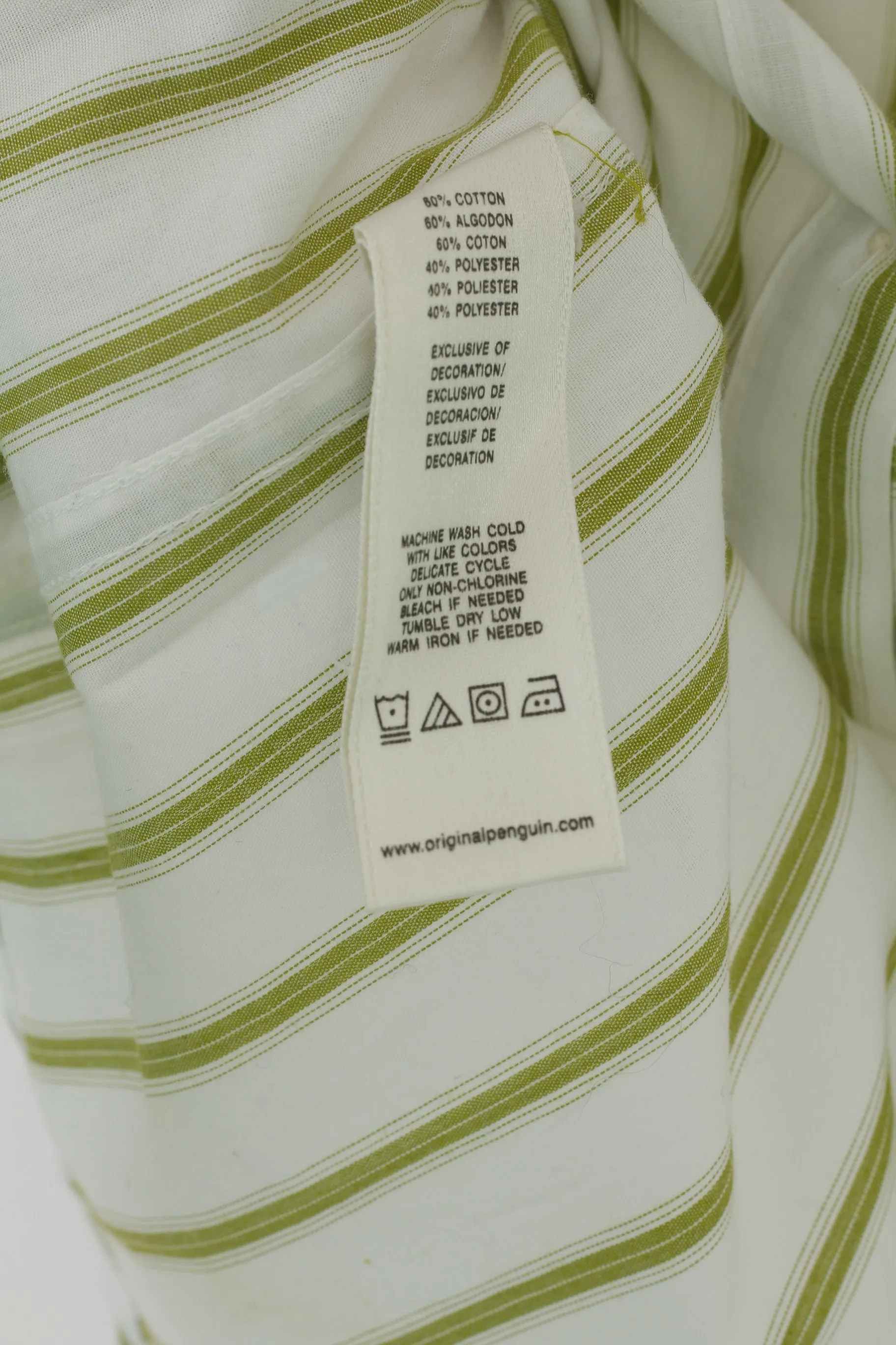 Penguin Men L  (M) Casual Shirt Cream Green Striped Heritage Slim Fit Summer Top