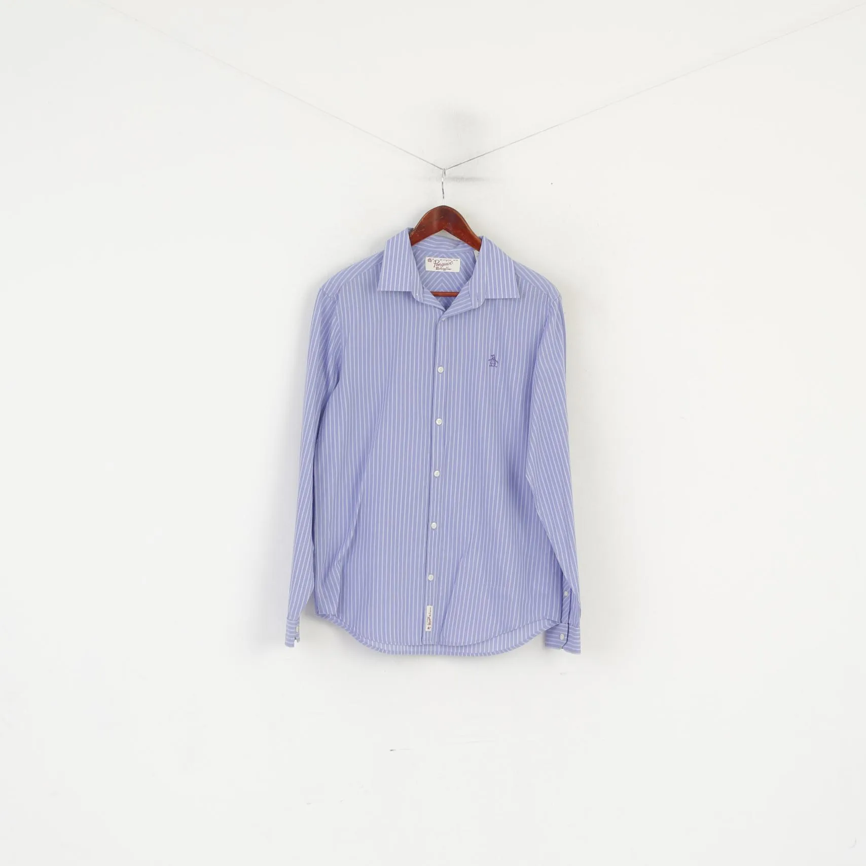 Penguin Men M Casual Shirt Purple Striped Cotton  Long Sleeve slim Fit Top