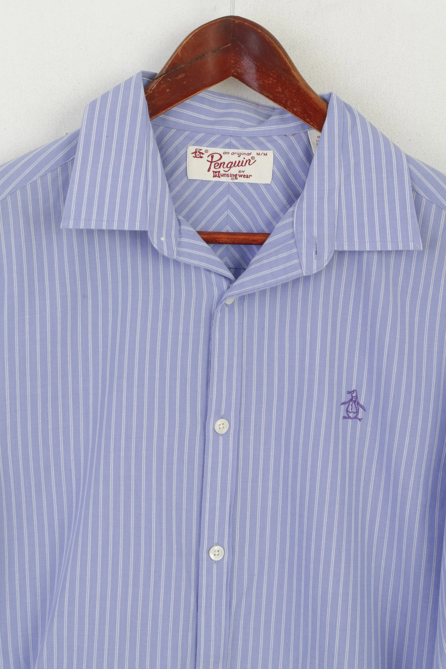 Penguin Men M Casual Shirt Purple Striped Cotton  Long Sleeve slim Fit Top