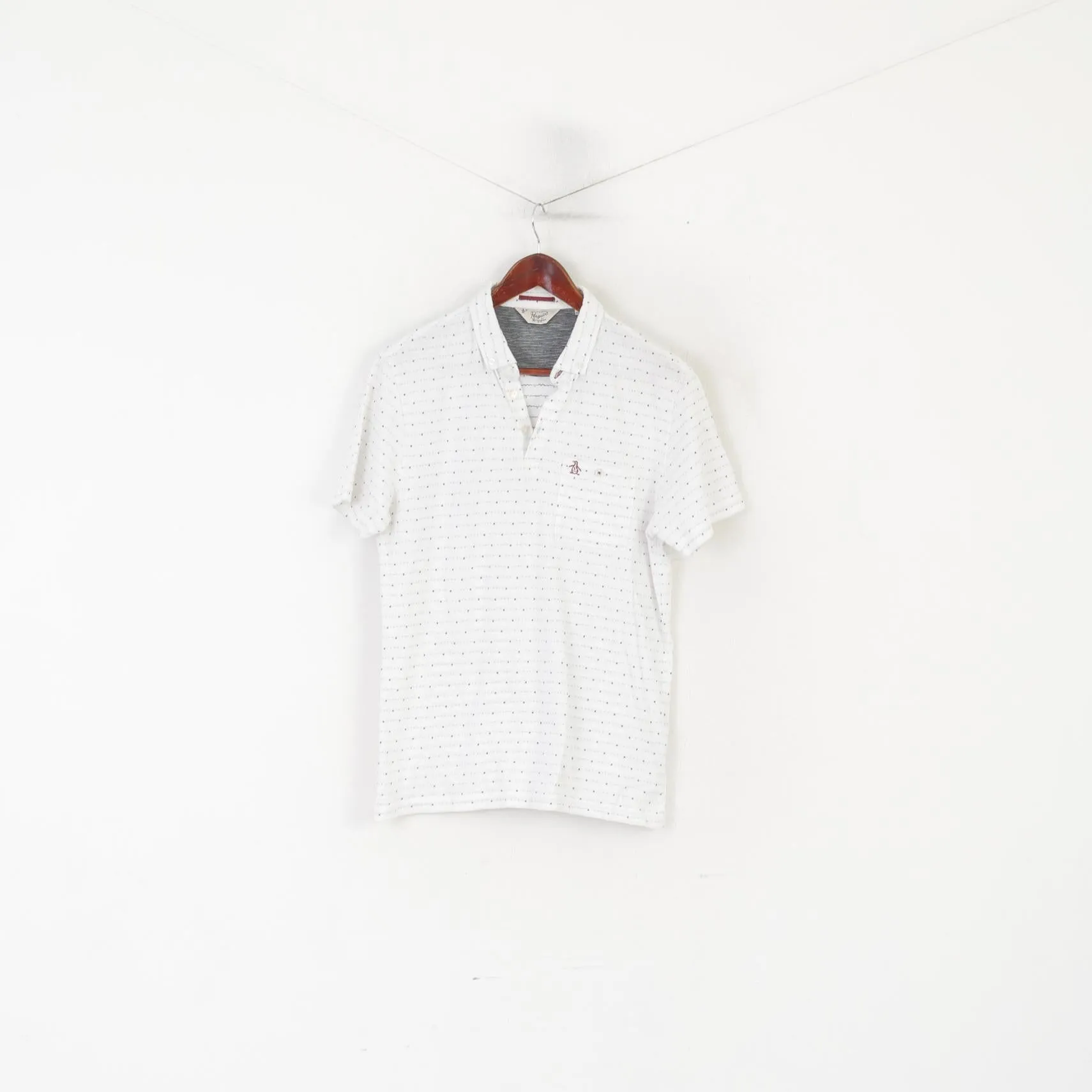 Penguin Men M Polo Shirt White Cotton Printed Detailed Buttons Logo Top