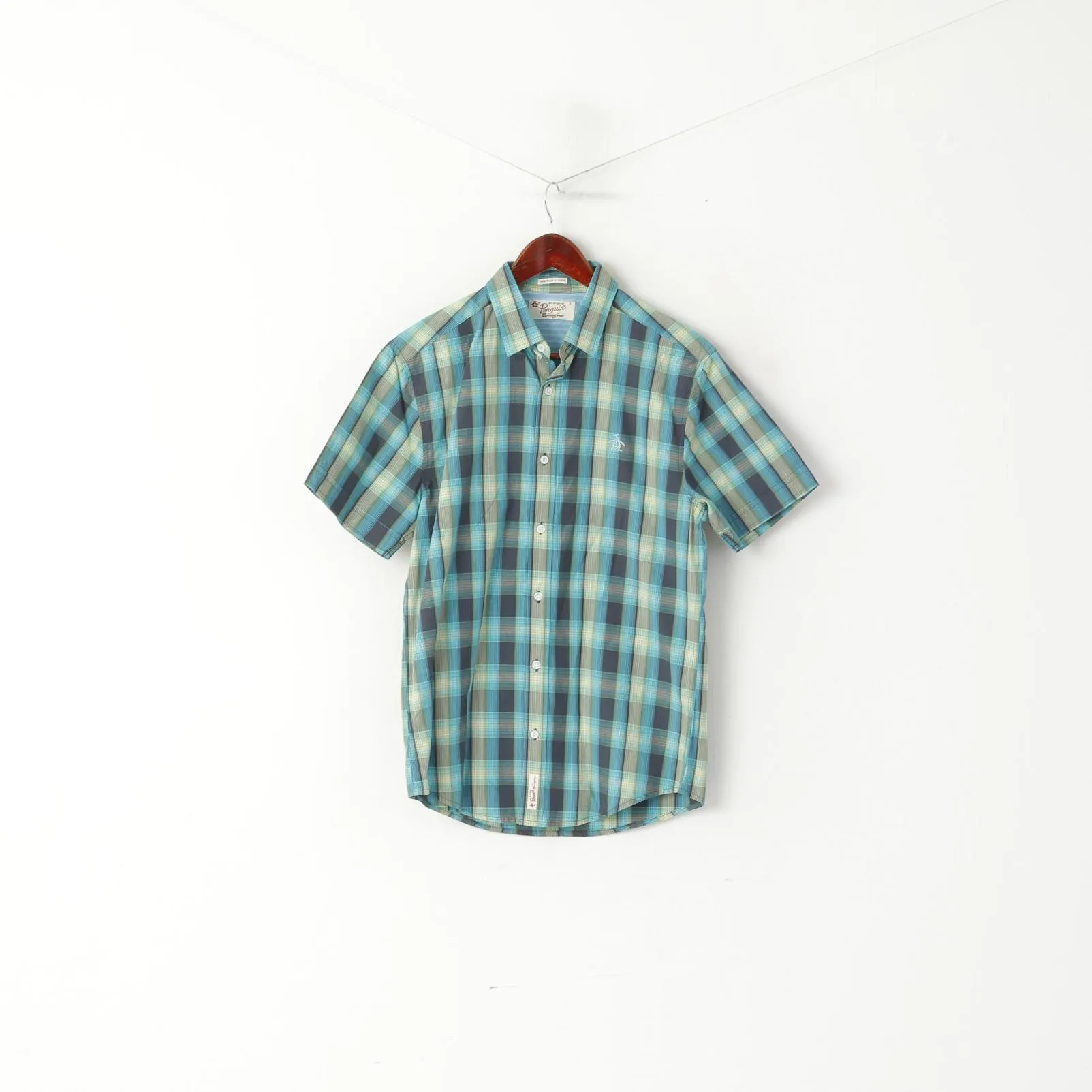 Penguin Men S Casual Shirt Blue Cotton Heritage Slim Fit Checkered Short Sleeve