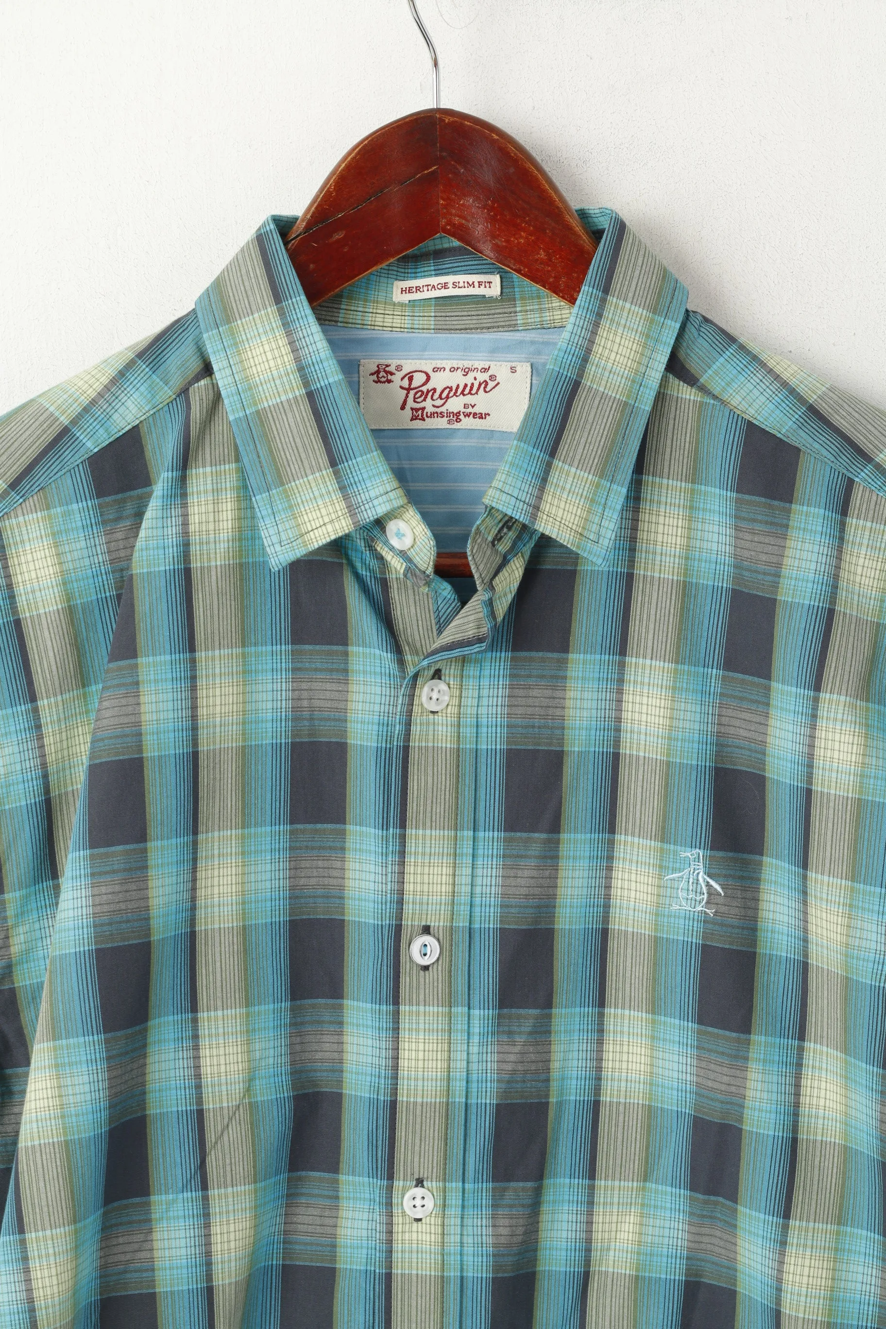 Penguin Men S Casual Shirt Blue Cotton Heritage Slim Fit Checkered Short Sleeve
