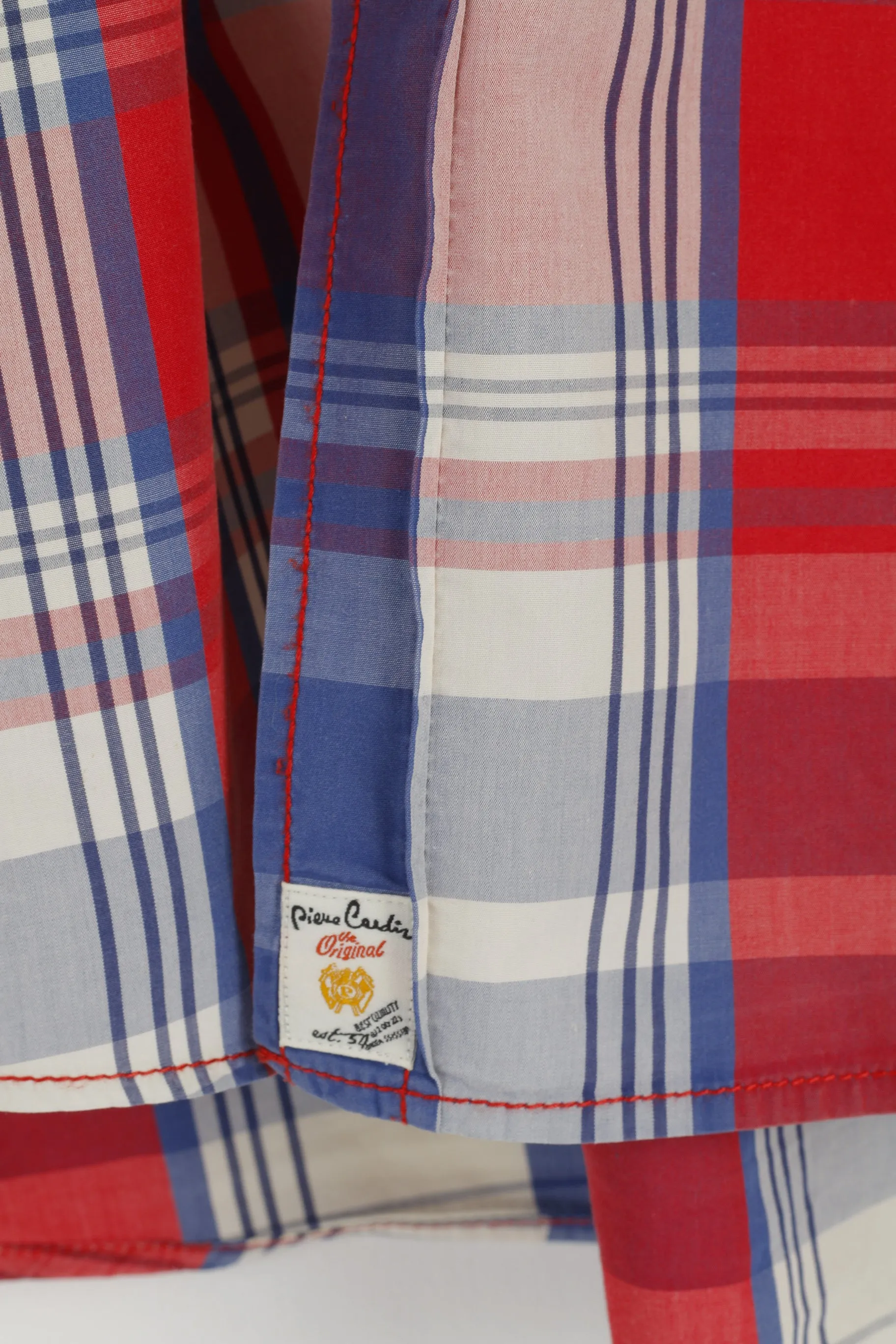 Pierre Cardin Men XL Casual Shirt French Heritage Blue Red Check Cotton Short Sleeve Top