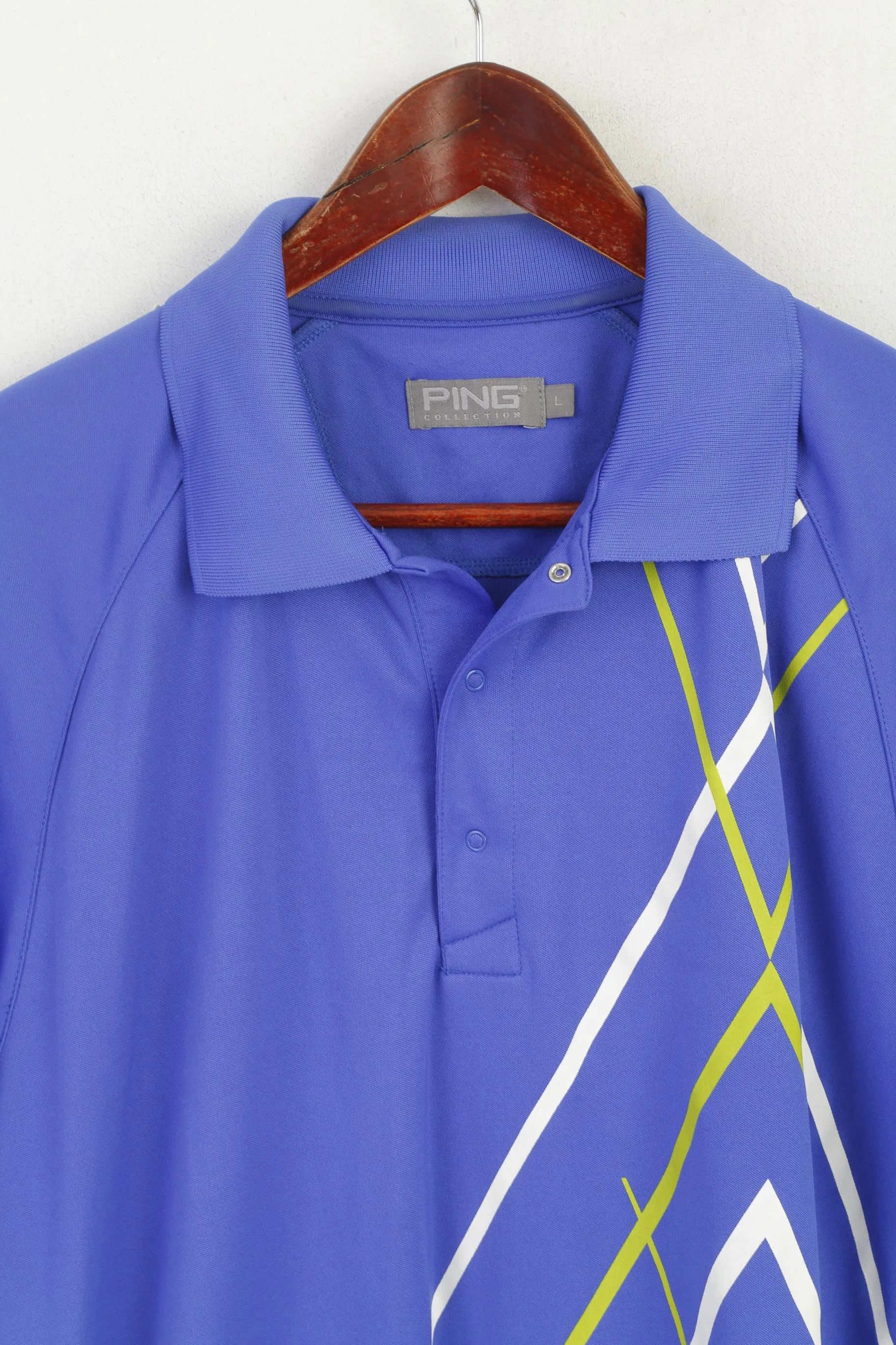 PING Collection Men L Polo Shirt Blue Golf Sportswear Shiny Classic Fit Top