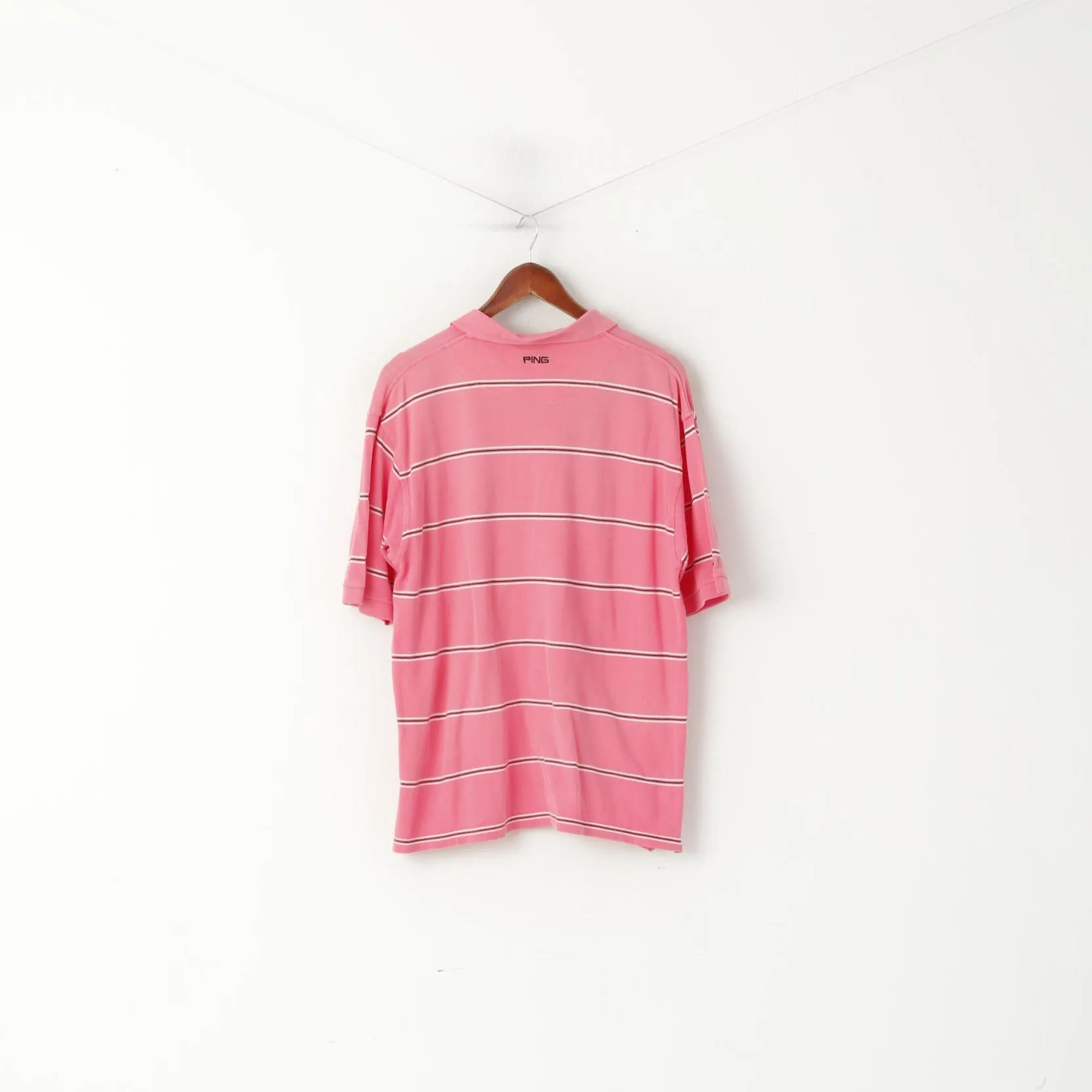PING Collection Men L Polo Shirt Pink Cotton Striped Detailed Buttons Sport Top