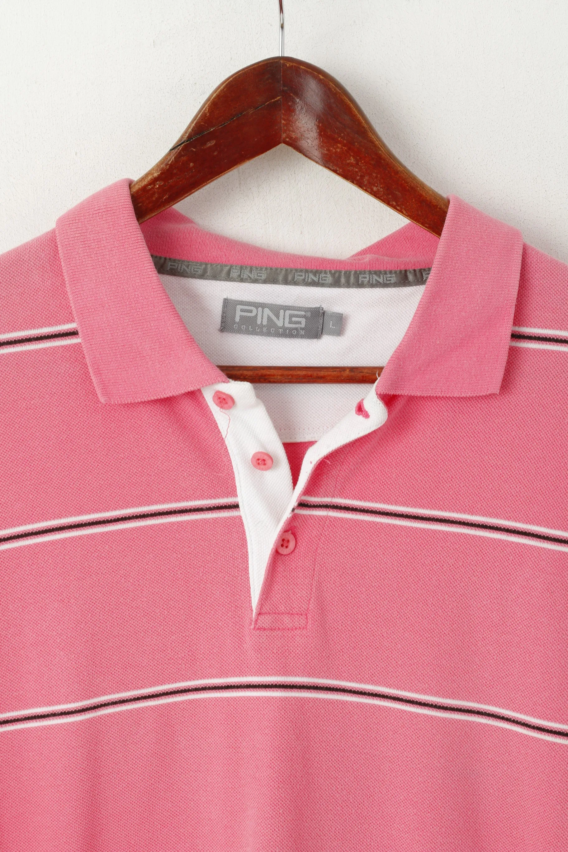PING Collection Men L Polo Shirt Pink Cotton Striped Detailed Buttons Sport Top