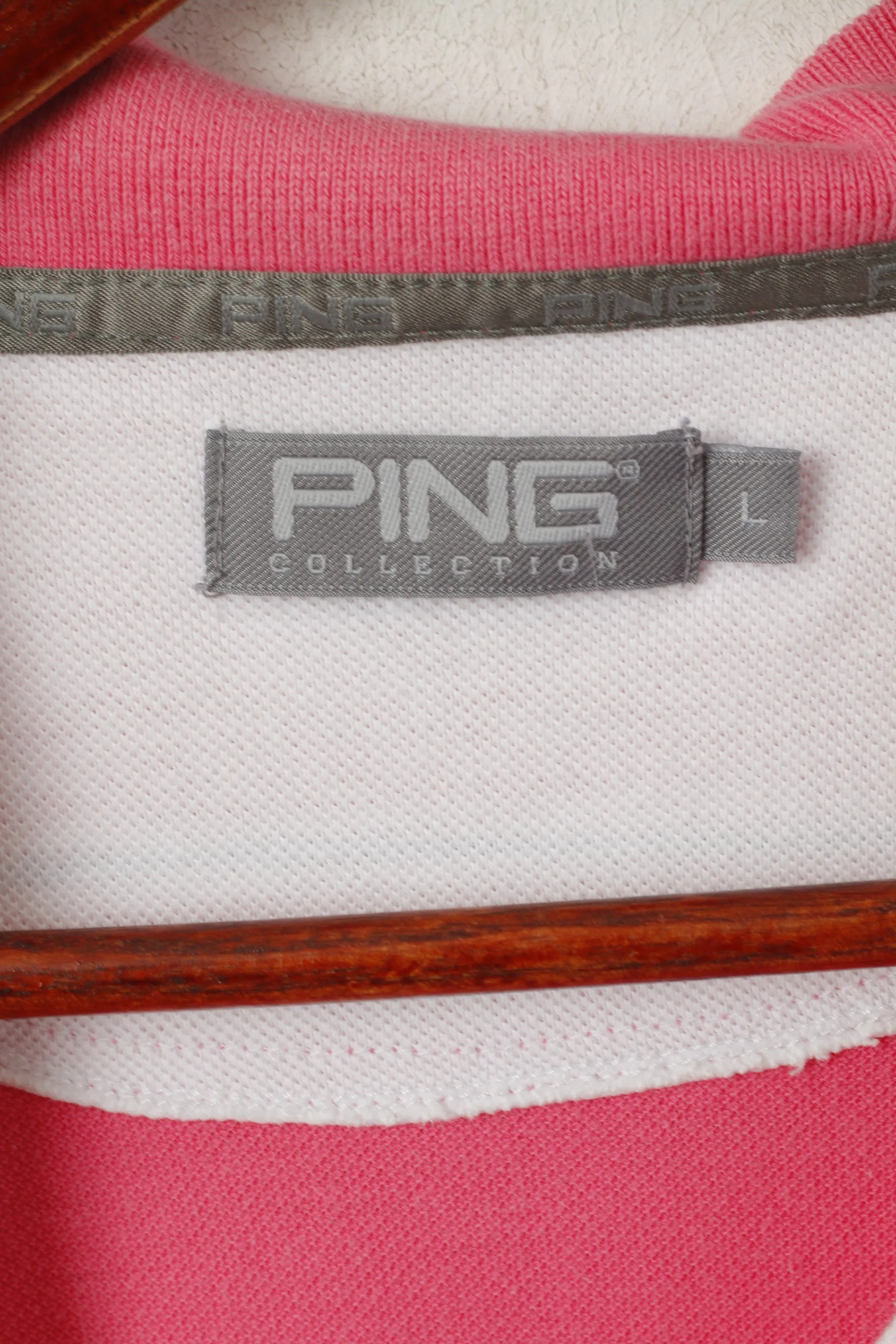 PING Collection Men L Polo Shirt Pink Cotton Striped Detailed Buttons Sport Top