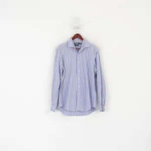 Polo by Ralph Lauren Men L Casual Shirt Blue Pink Striped Cotton Regent Custom Fit Top