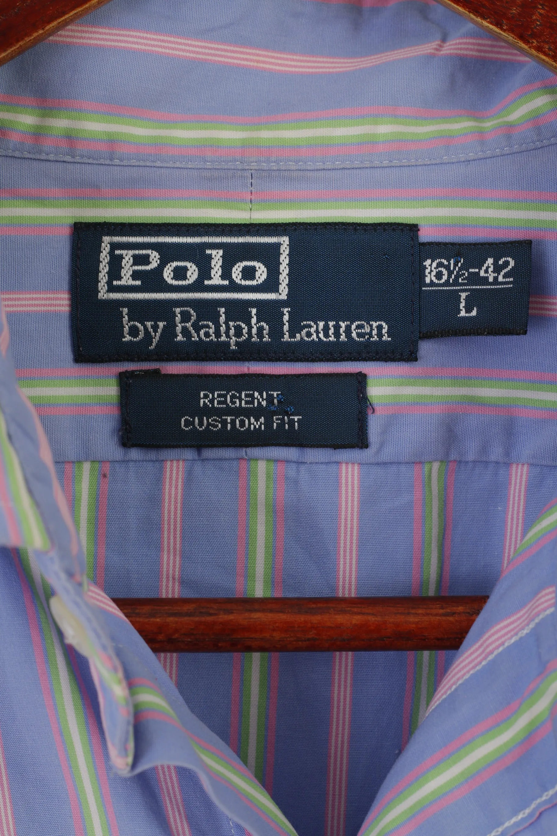 Polo by Ralph Lauren Men L Casual Shirt Blue Pink Striped Cotton Regent Custom Fit Top