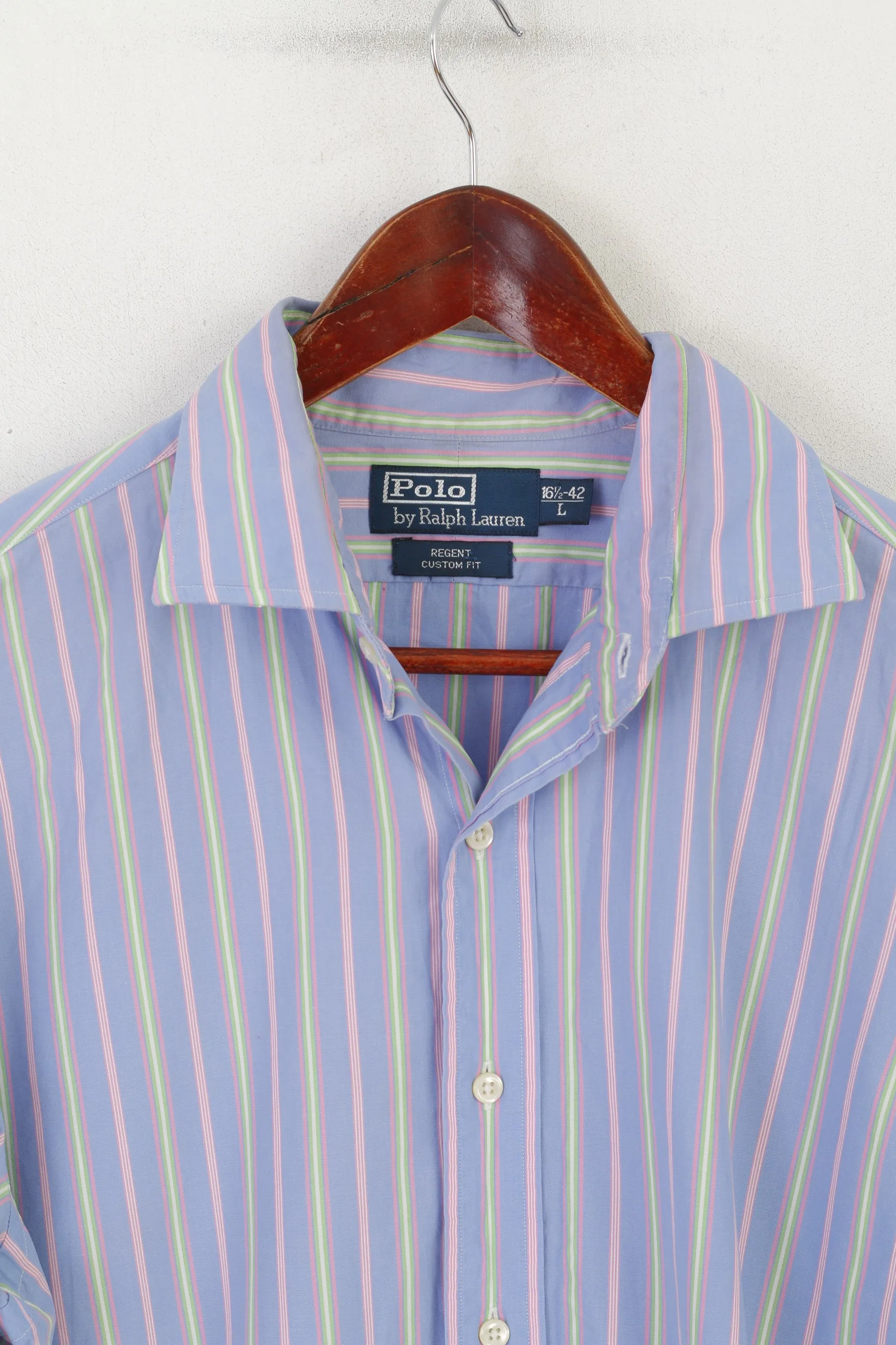 Polo by Ralph Lauren Men L Casual Shirt Blue Pink Striped Cotton Regent Custom Fit Top