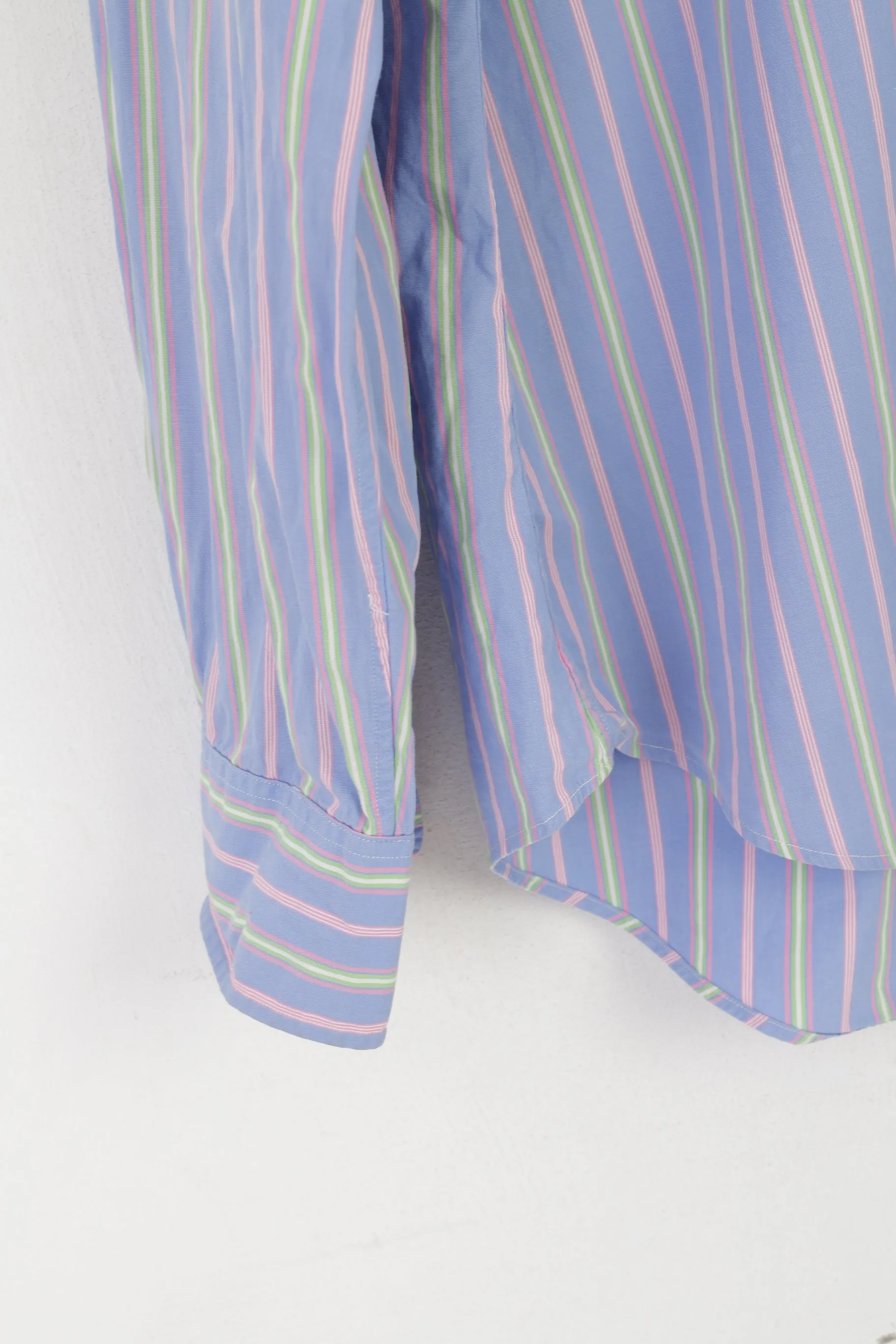 Polo by Ralph Lauren Men L Casual Shirt Blue Pink Striped Cotton Regent Custom Fit Top