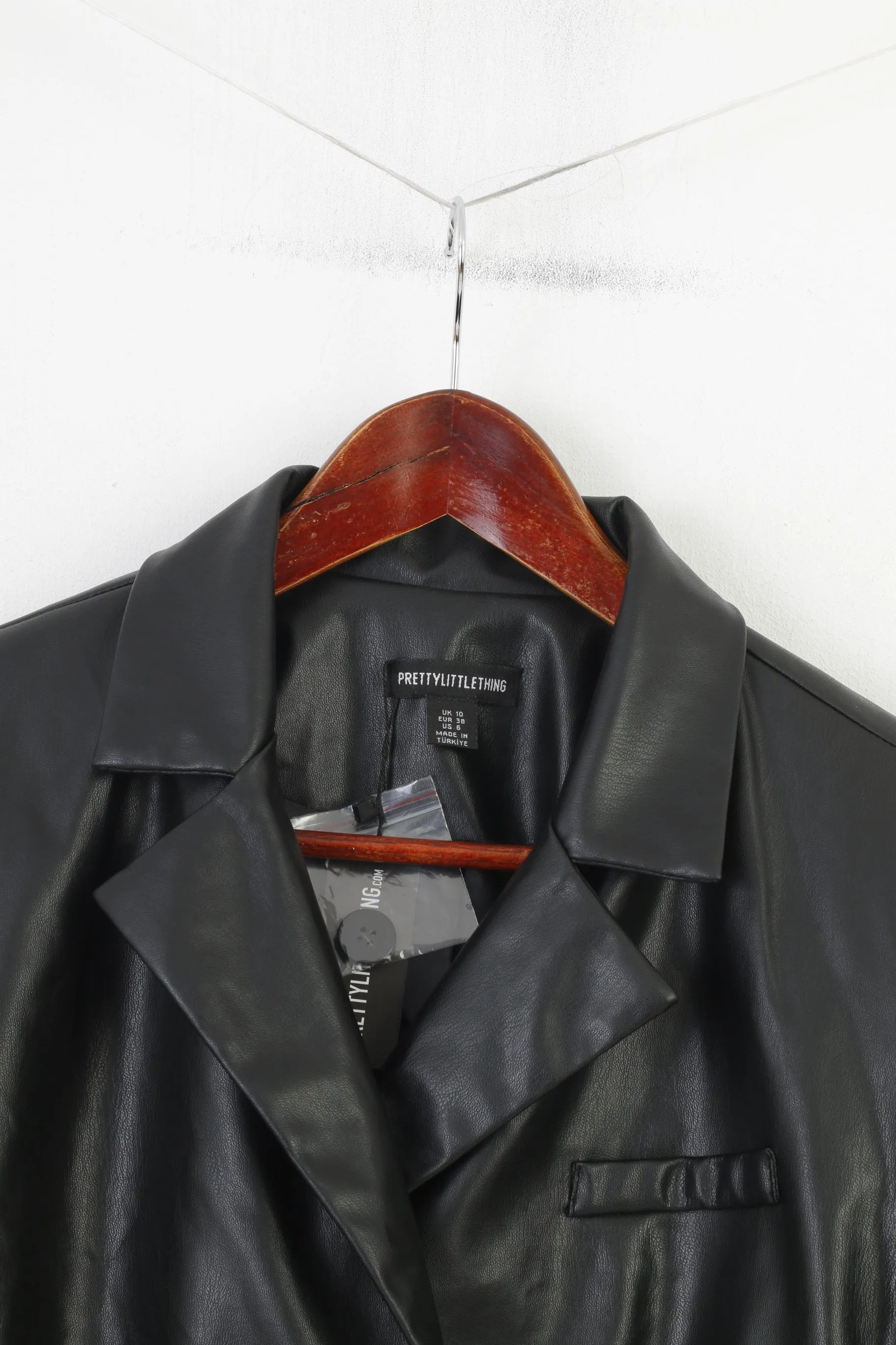 PrettyLittleThing Woman 38 M Jacket Black Double Breasted Faux Leather Blazer Vintage Top