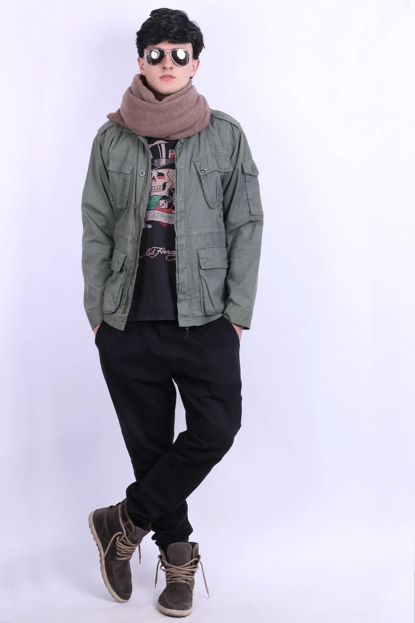 Quiksilver Men M Jacket Green Cotton Garland Plain Multi Pockets Zip Up Top