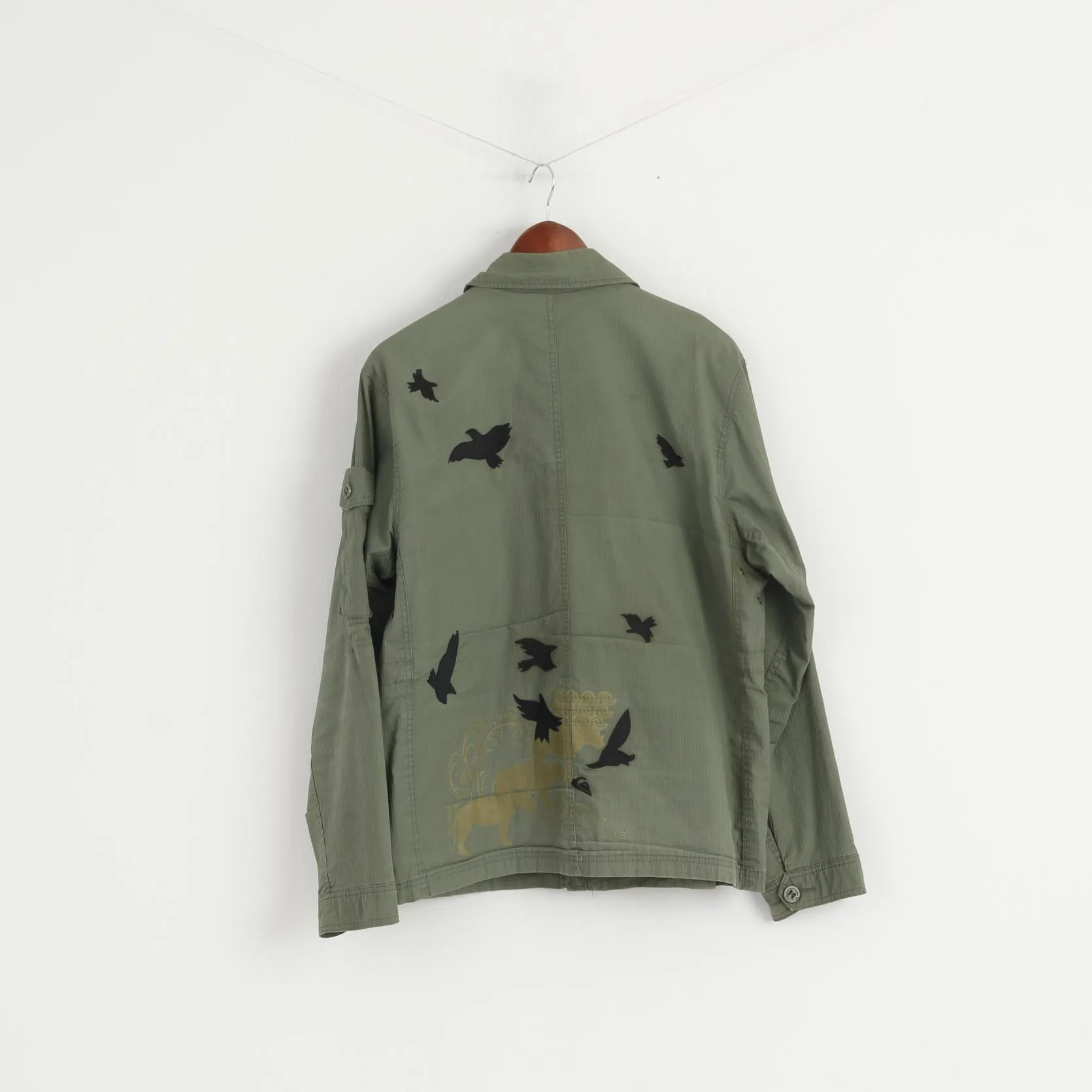 Quiksilver Men M Jacket Green Cotton Garland Plain Multi Pockets Zip Up Top