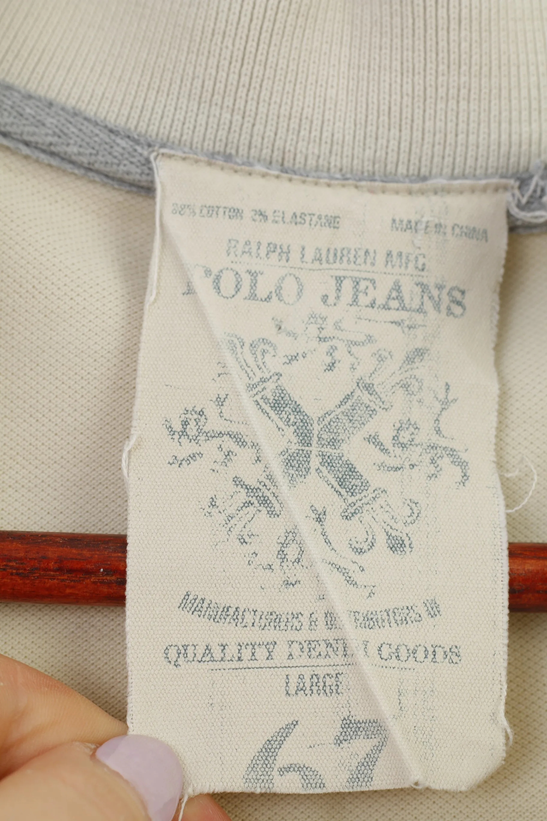 Ralph Lauren Polo Jeans Men L Polo Shirt Beige Collar Short Sleeve Vintage Cotton Top