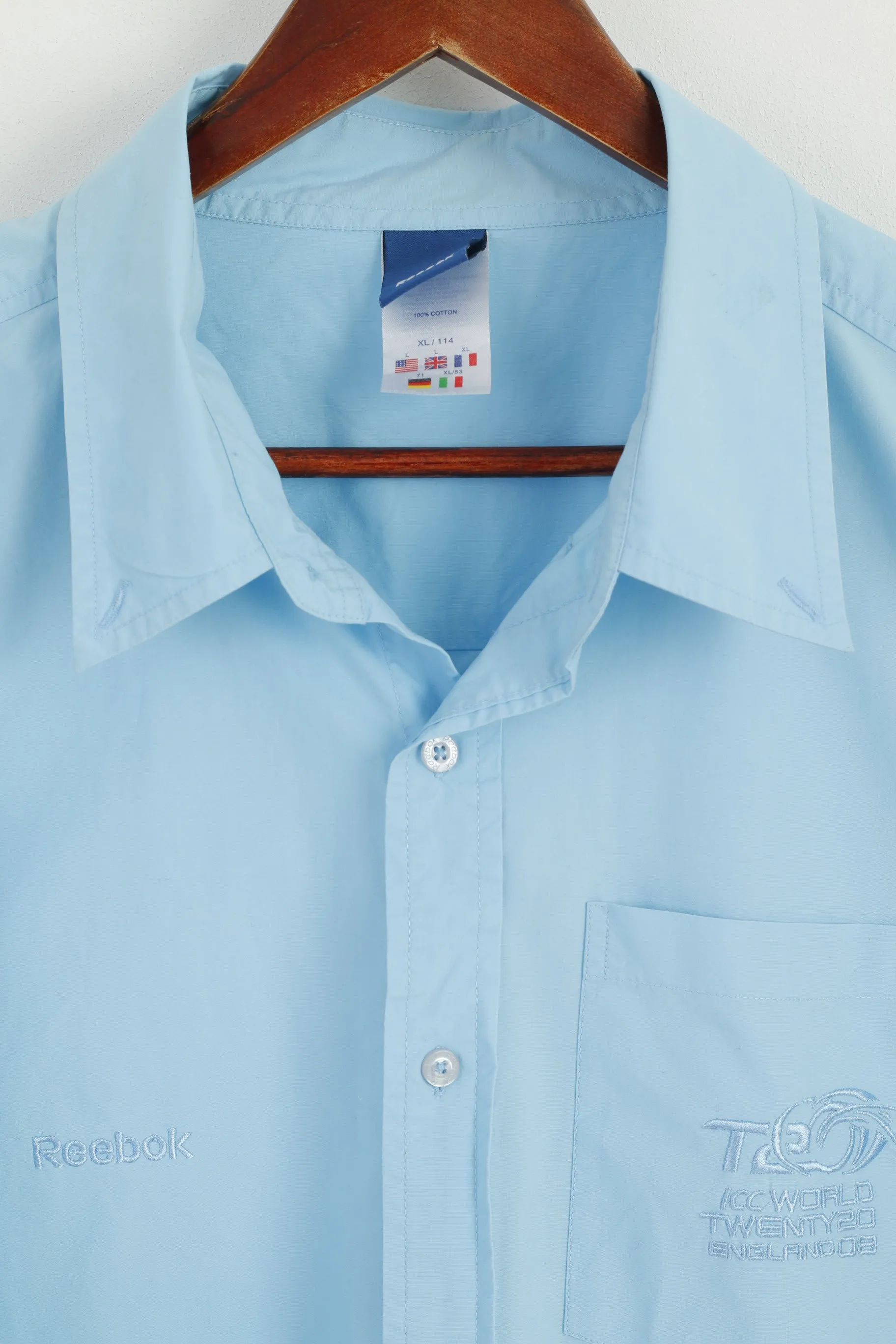 Reebok Men XL Casual Shirt Blue Cotton ICC World Twenty 2009 England Cricket Long Sleeve Top