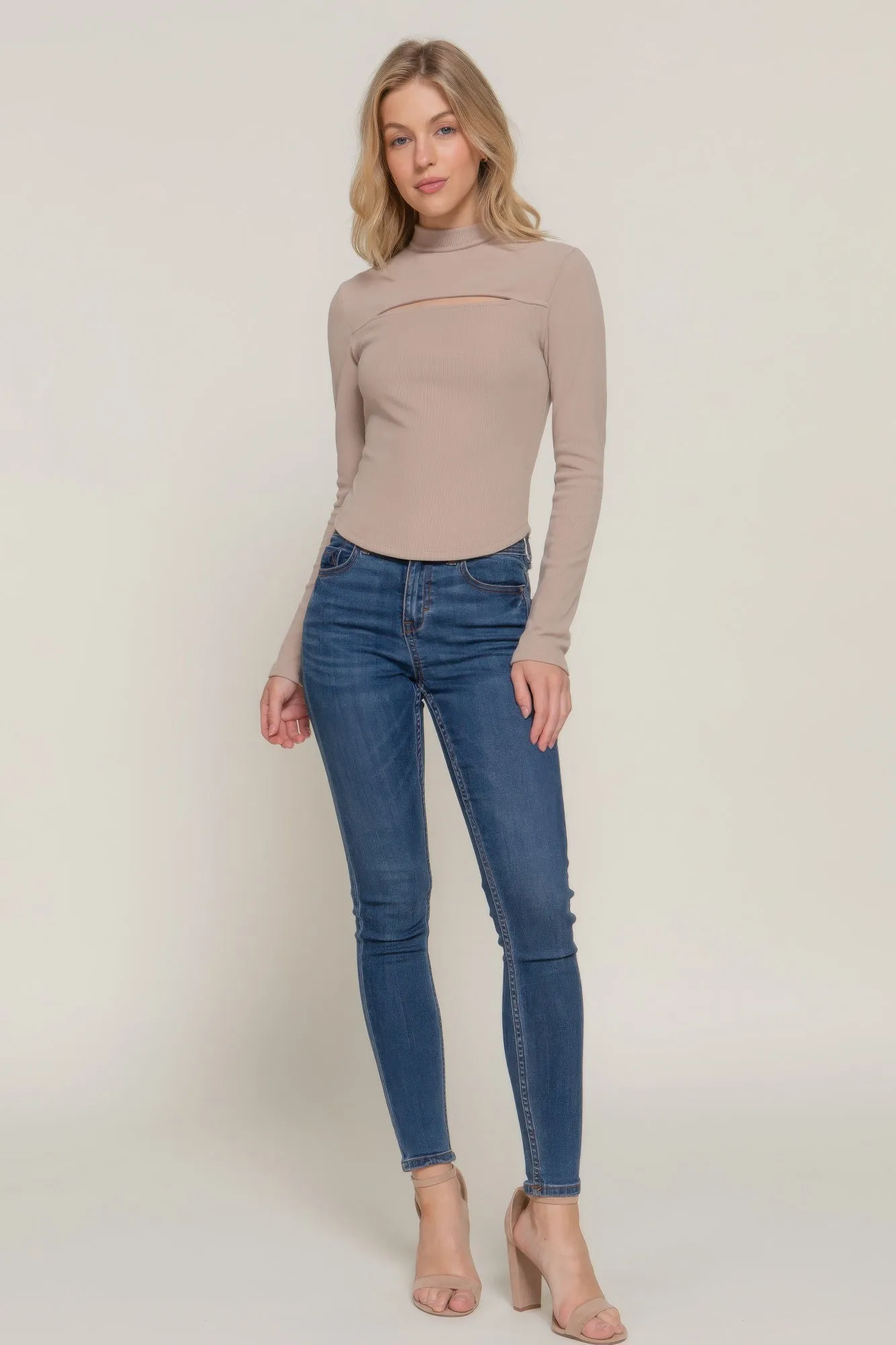 Reformation Long slv mock neck kyehole rib knit top