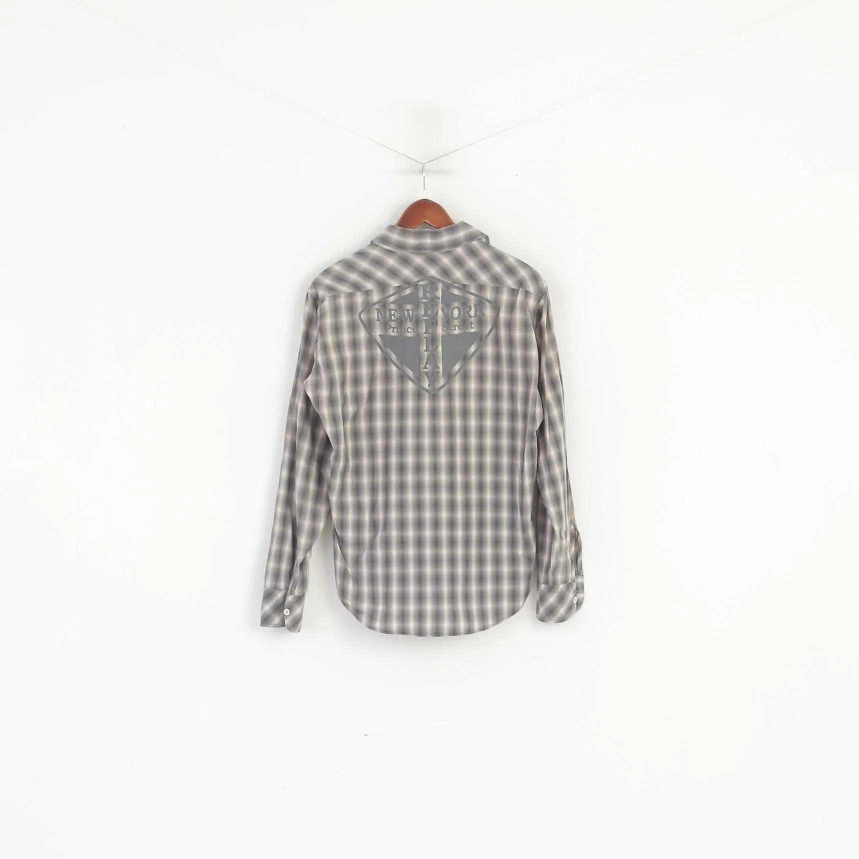 Replay Men L (M) Casual Shirt Grey Check Cotton New York Prince Street Top