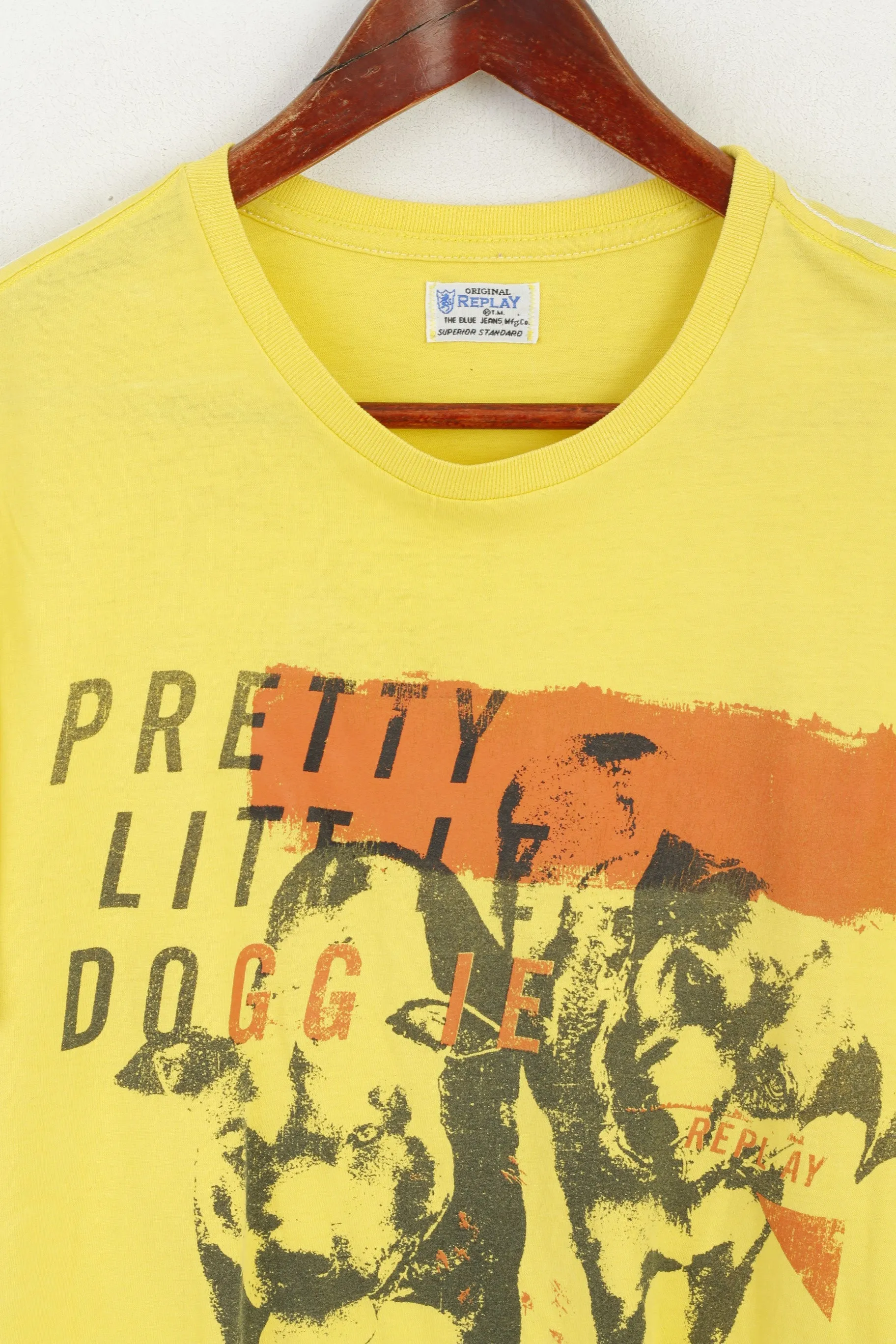 Replay Men M Shirt Yellow Graphic Cotton Pretty Little Dog Crew Neck Top