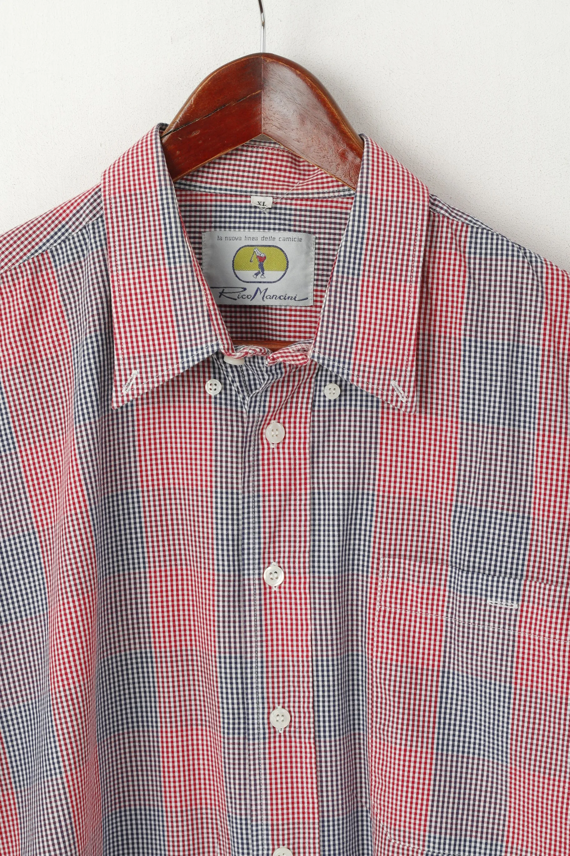 Rico Mancini Men XL Casual Shirt Red Check Cotton Vintage Golf Long Sleeve Top